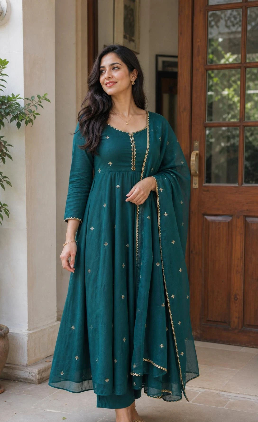 Pear shape outfit idea featuring a woman in a flowing full-length Anarkali set with simple jewelry, balancing curves in a warm entryway.