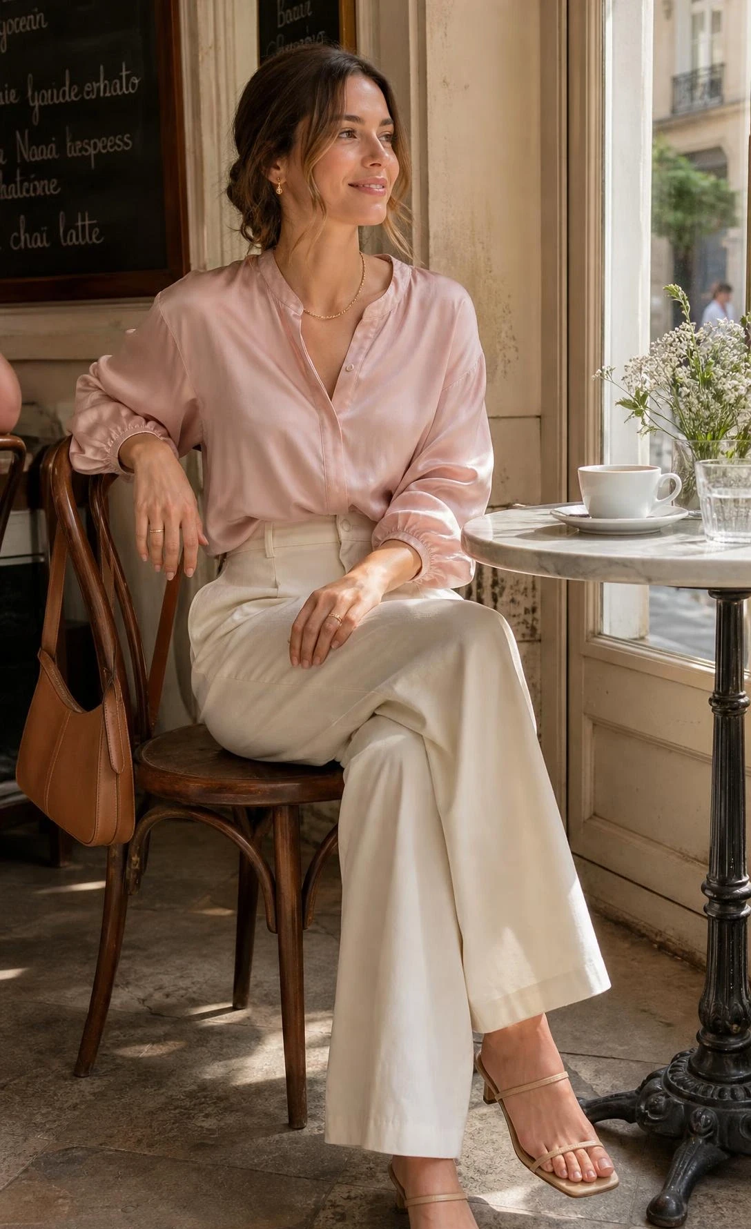 Woman in baby pink blouse with billowy sleeves tucked into wide-leg cream trousers, seated at a sunlit café window — an effortlessly polished soft feminine outfit