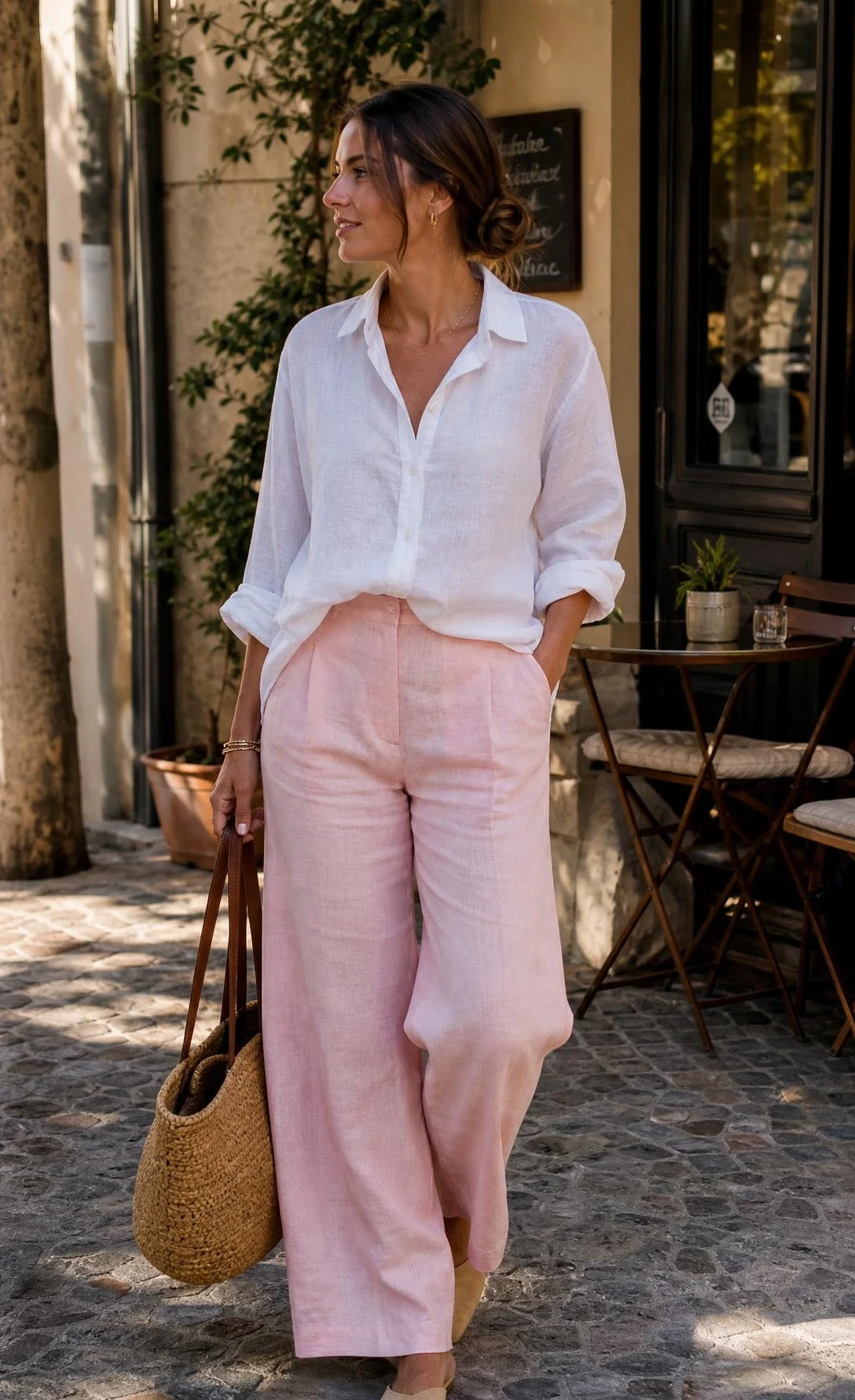 Woman in wide-leg baby pink linen trousers paired with a crisp white linen shirt, front-tucked with rolled sleeves, styled for an effortless warm-weather look