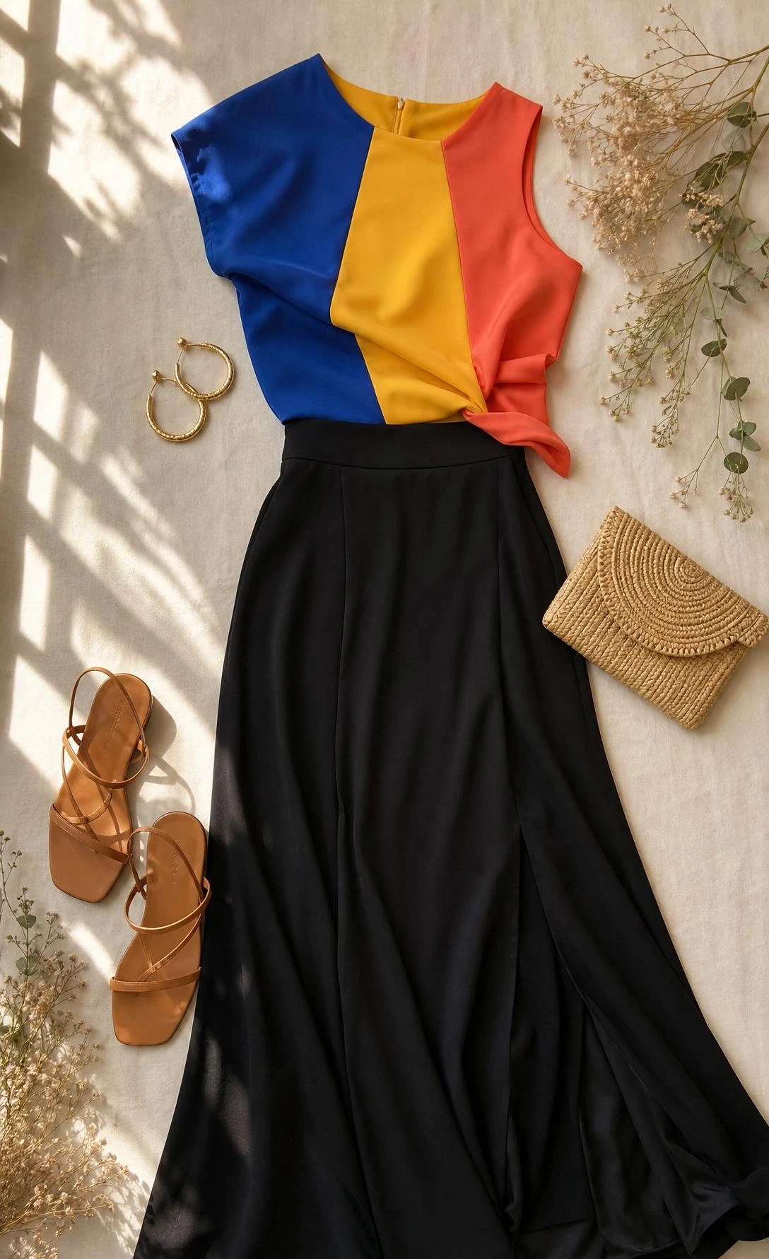 Black maxi skirt outfit flat lay on cream linen, paired with a bold color-block top in cobalt blue, yellow, and coral—a striking summer maxi skirt combination