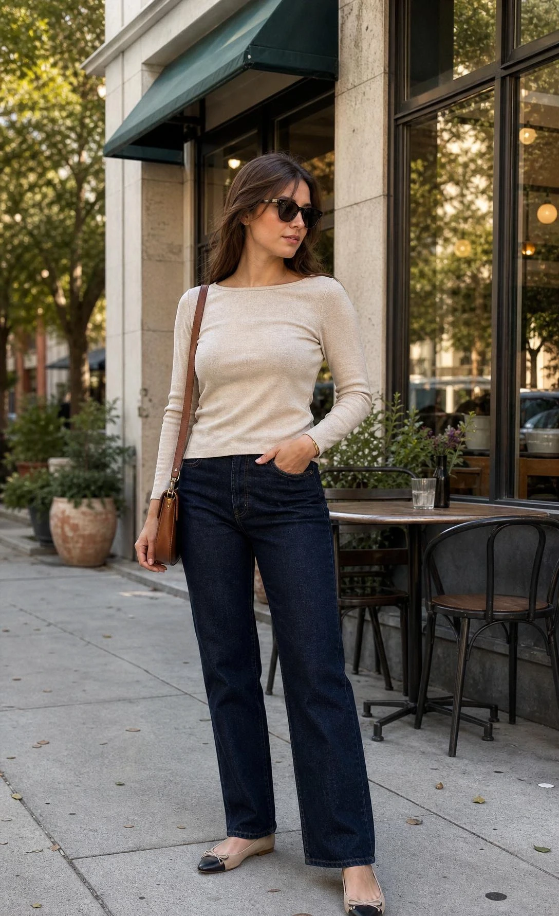 Pear shape outfit idea with a woman in a boat neck top and dark straight jeans, standing on a quiet sidewalk outside a cozy café.