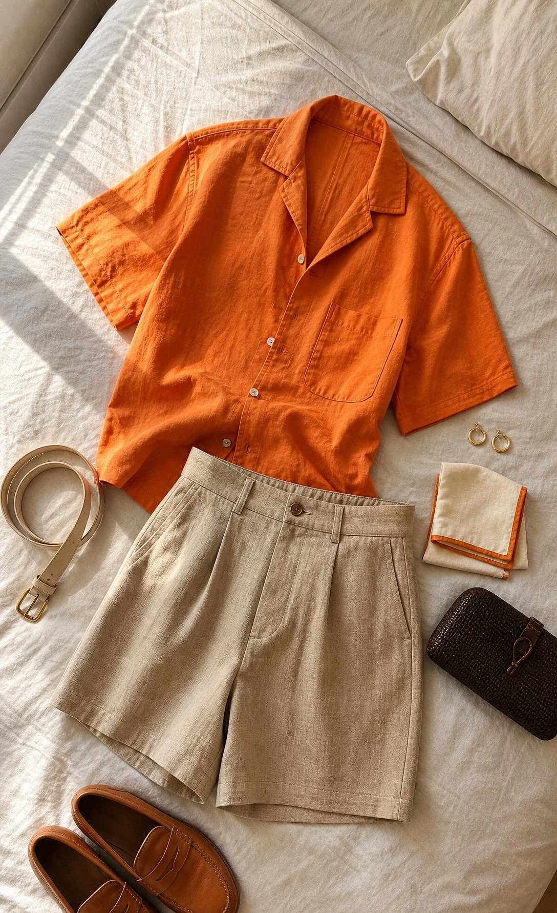 Boxy orange camp collar shirt styled in a flat lay with tailored shorts on linen bedding, showing a warm Valencia-toned summer outfit idea