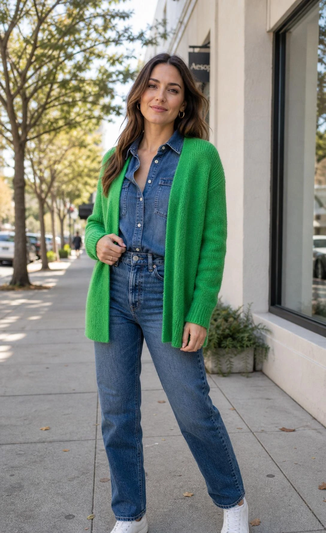 Woman in a bright green cardigan over an all-denim outfit on a sunny city sidewalk, showing a fresh green cardigan styling idea.