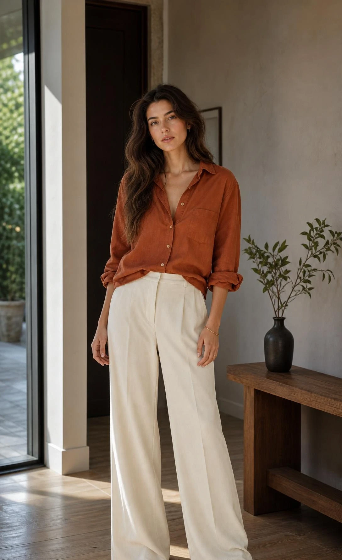 Woman wearing a relaxed burnt orange button-down shirt tucked into wide-leg cream trousers, styled in a bright modern entryway for an elevated everyday look