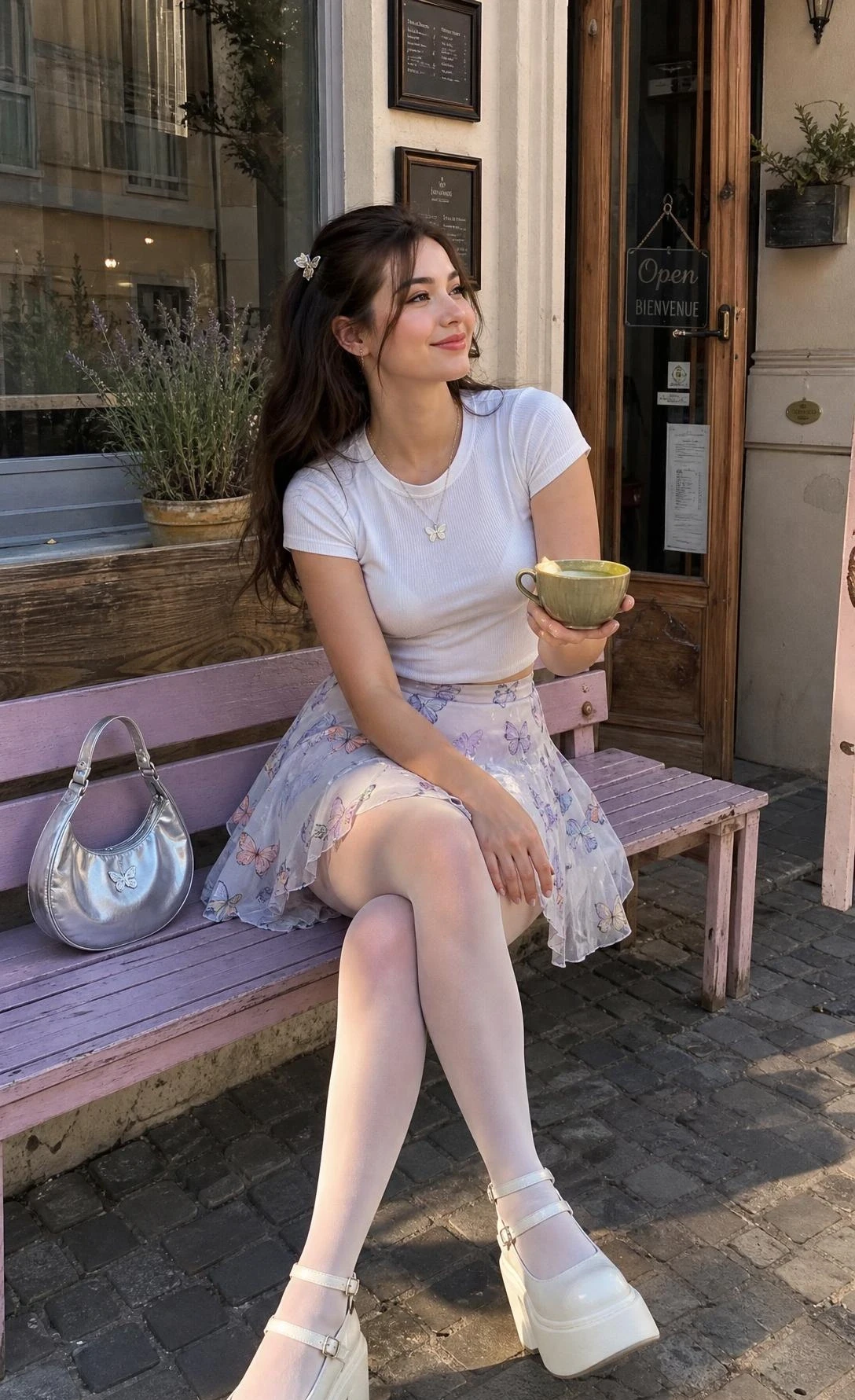 Woman in butterfly-print lavender mini skirt and white baby tee sitting at a sunlit café — a flirty y2k outfit for women done right