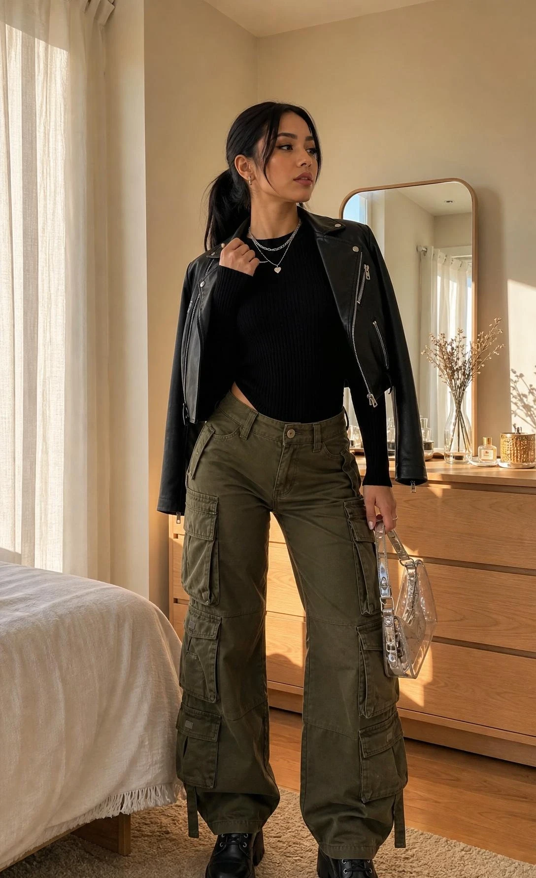 Woman in wide-leg olive cargo pants, fitted black long-sleeve, and platform boots styled in a Y2K outfit with warm bedroom lighting
