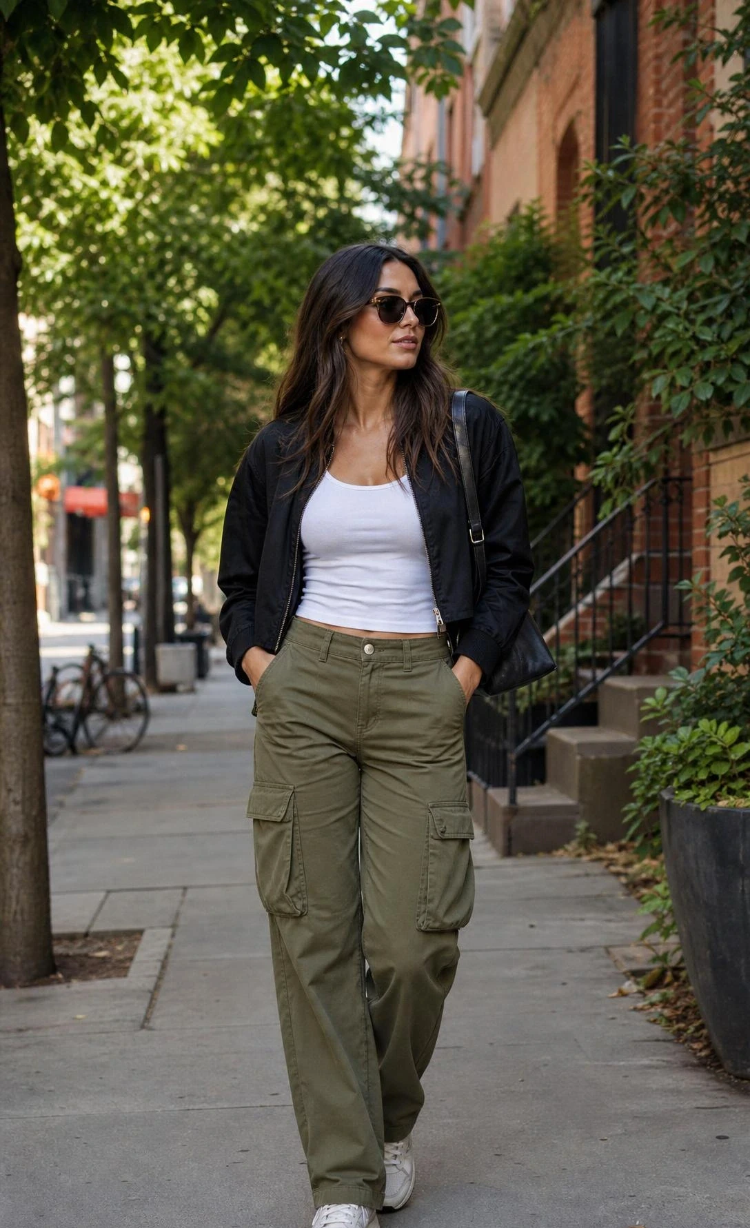 Tall slim woman walking in cargo pants, fitted white tank, and cropped jacket on a bright neighborhood street.