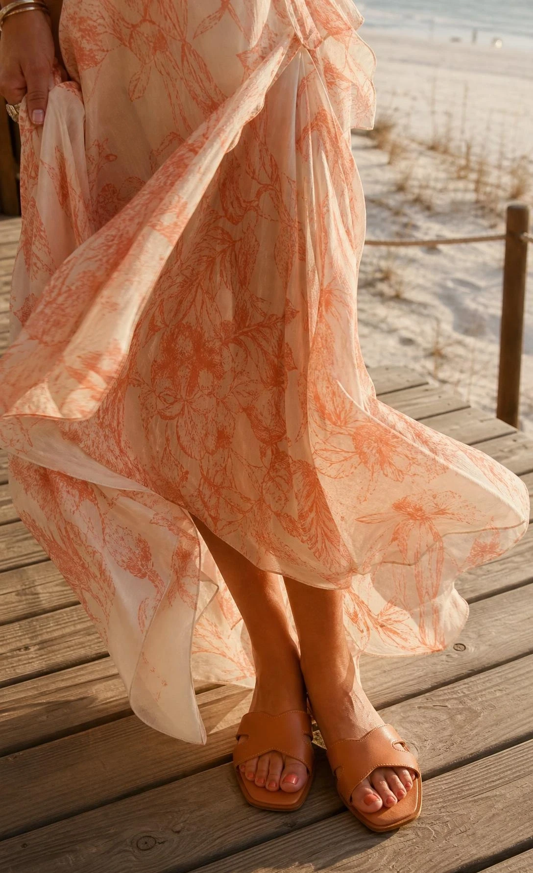 Flowy chiffon kaftan in ivory and dusty coral floral print catching a coastal breeze, paired with tan leather flat slides on a sun-warmed boardwalk — a modest beach outfit that feels effortlessly elegant