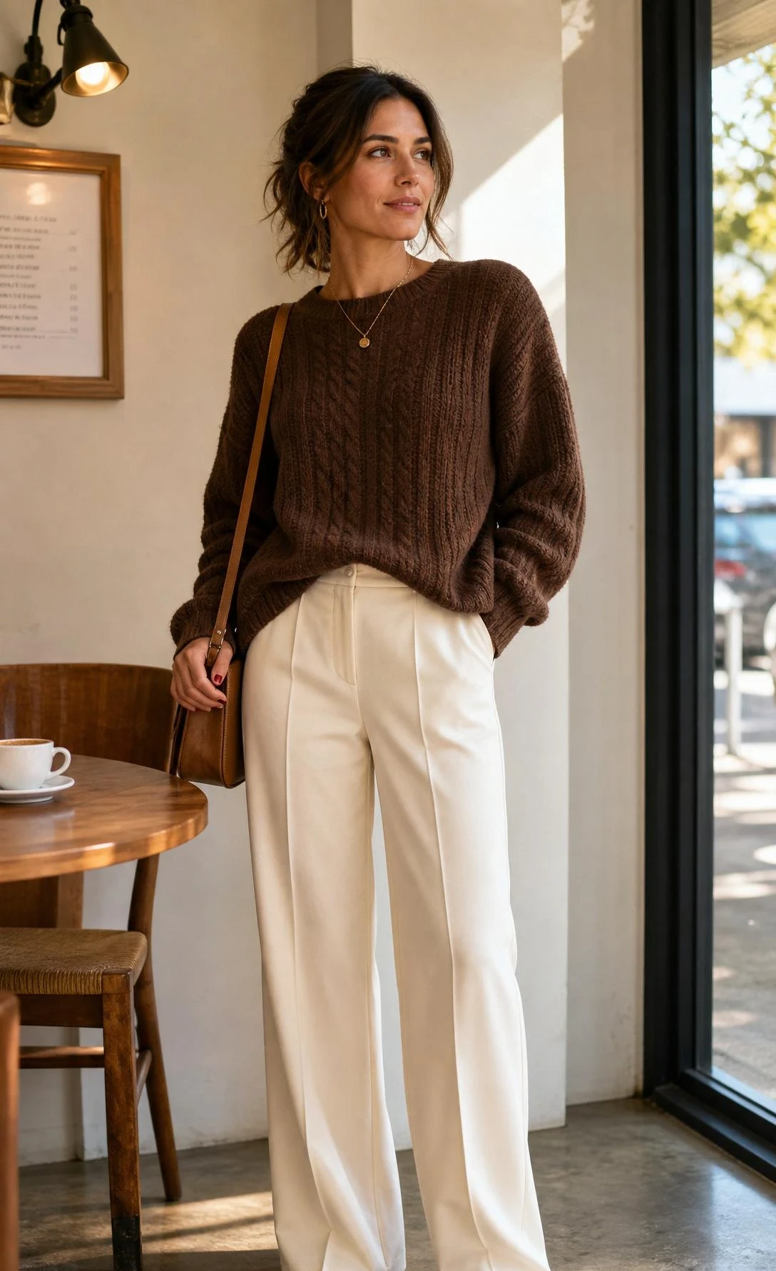 Woman wearing a chunky chocolate brown knit sweater paired with tailored cream trousers, standing near a floor-to-ceiling window in a sunlit minimal setting — a warm neutral outfit built around rich cocoa tones