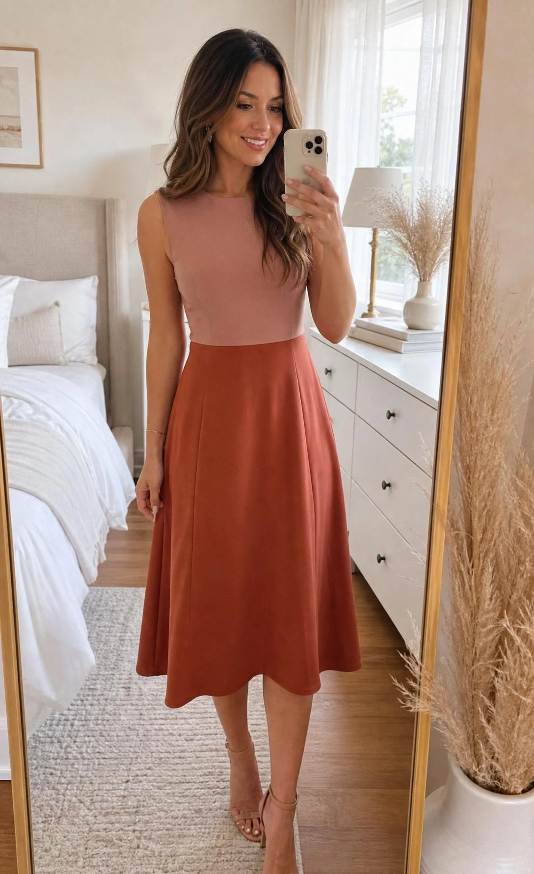 Woman in colorblock midi dress with dusty rose bodice and terracotta skirt, a chic graduation guest outfit captured in a sunlit bedroom mirror selfie