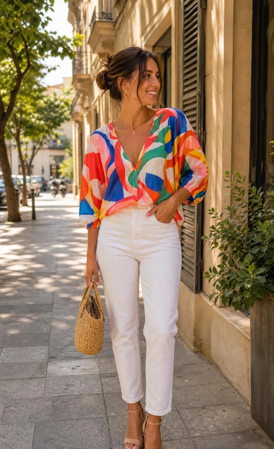 Mom wearing vibrant abstract print blouse with coral, cobalt, and mustard swirls tucked into tapered high-waist white jeans on a sunny sidewalk