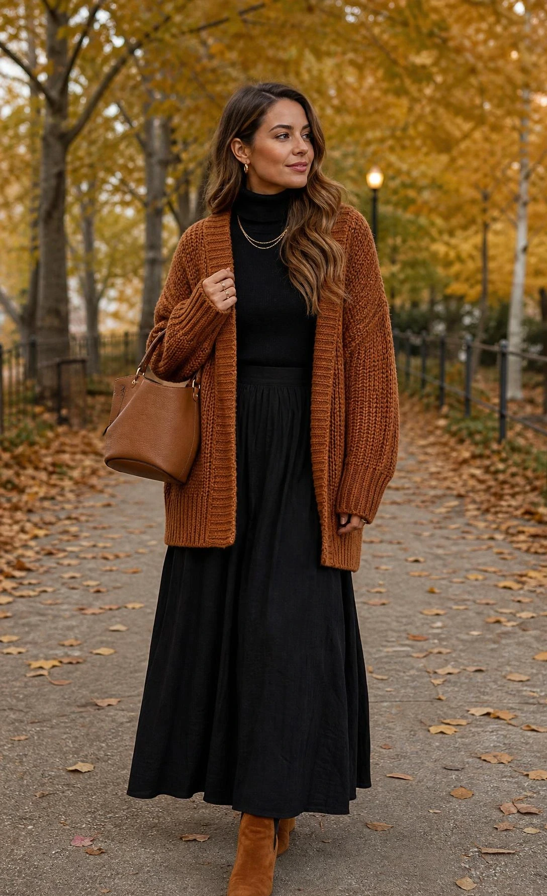 Woman in flowing black maxi skirt and cozy cardigan with ankle boots walking autumn leaf-scattered park path among golden trees