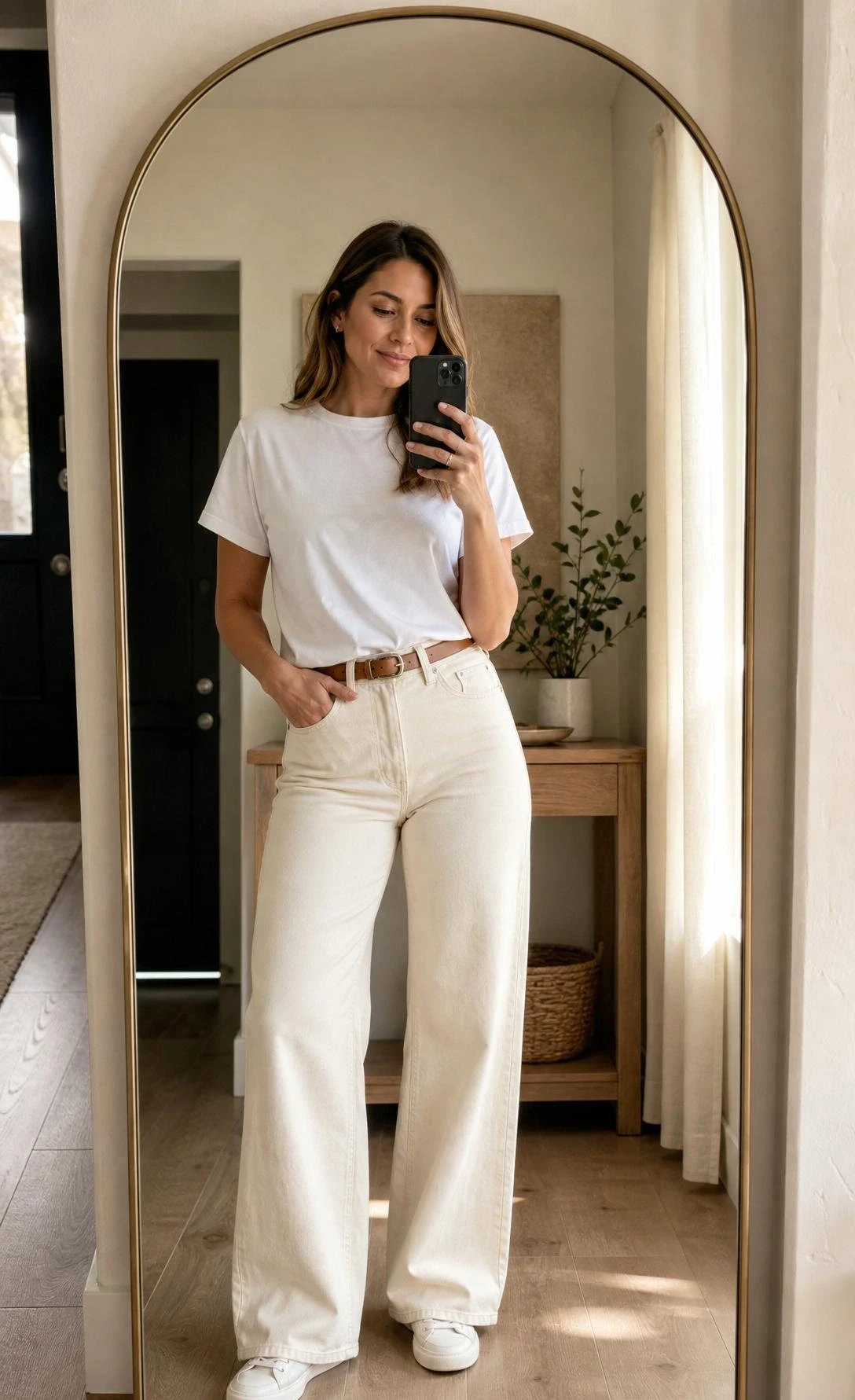 Woman in cream wide leg jeans and a tucked white tee takes a mirror selfie, a polished pick for white jeans outfit ideas.