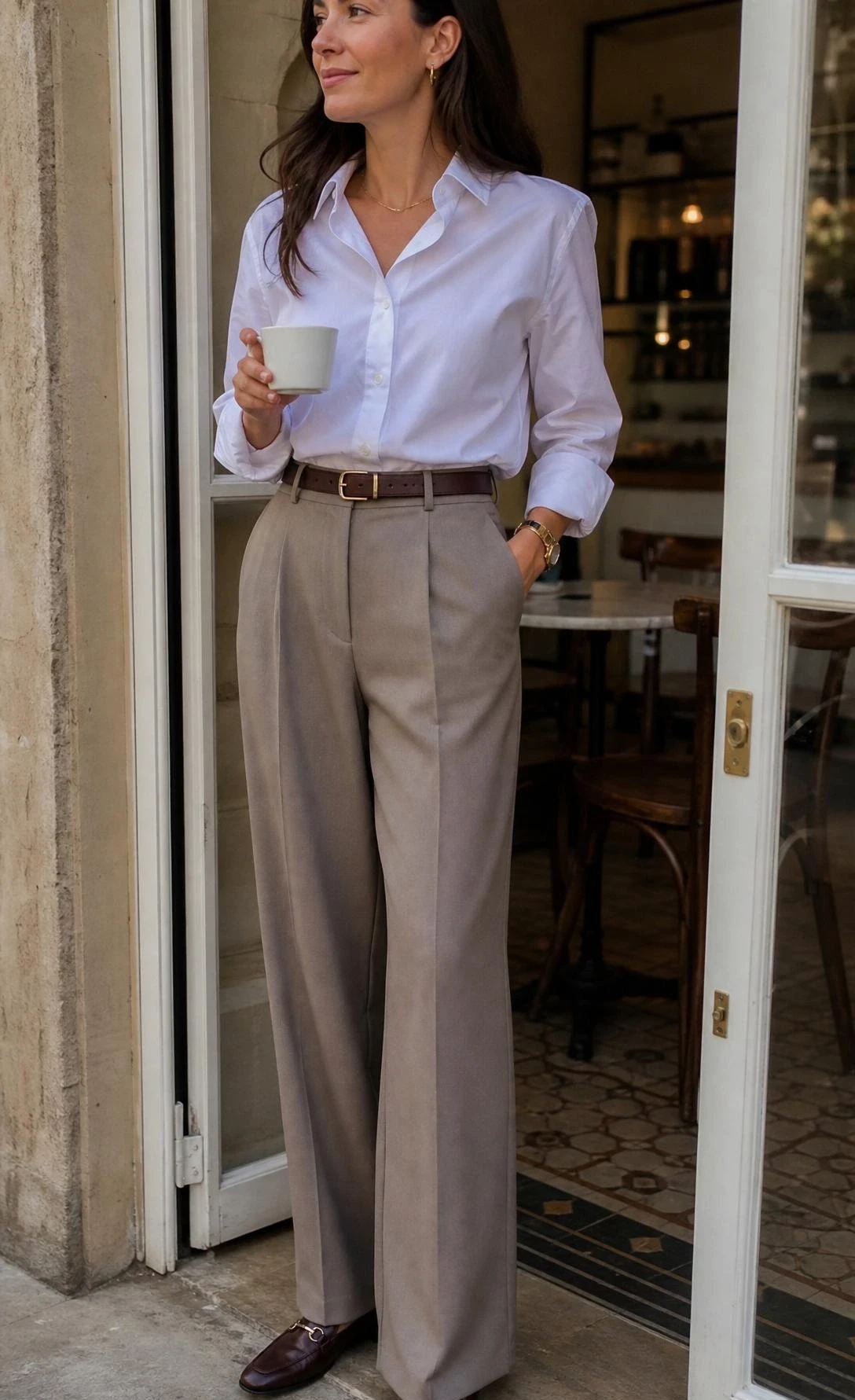 Close-up of a crisp white shirt tucked into high-rise wide-leg trousers, highlighting a refined parisian office outfit.