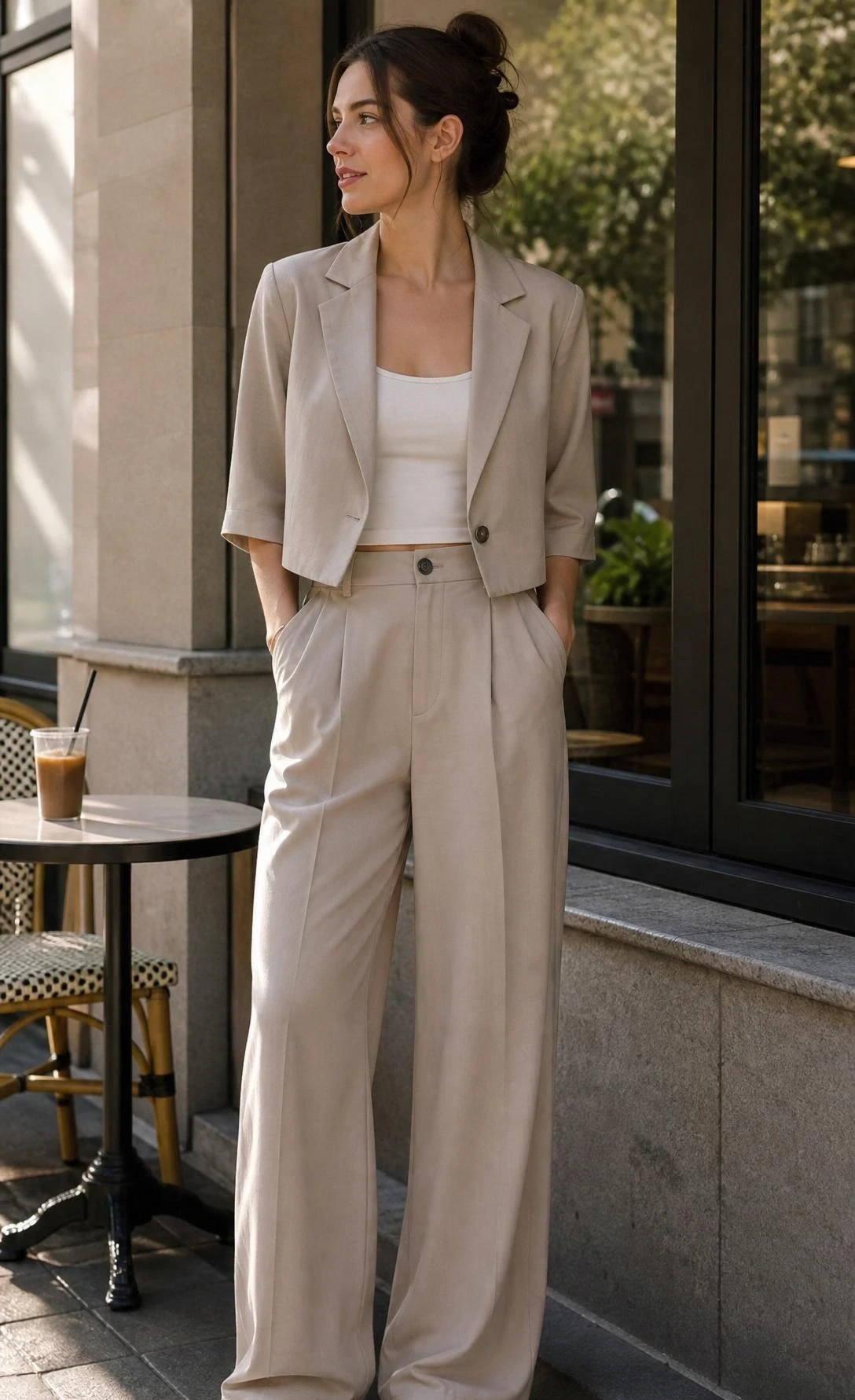 Warm editorial close-up shows a woman in a cropped blazer and wide-leg trousers, highlighting pear shape proportions from waist to hem.