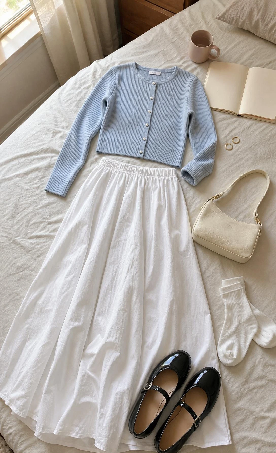 Flat lay of a white maxi skirt outfit with cropped cardigan and Mary Janes on ivory linen in warm bedroom light