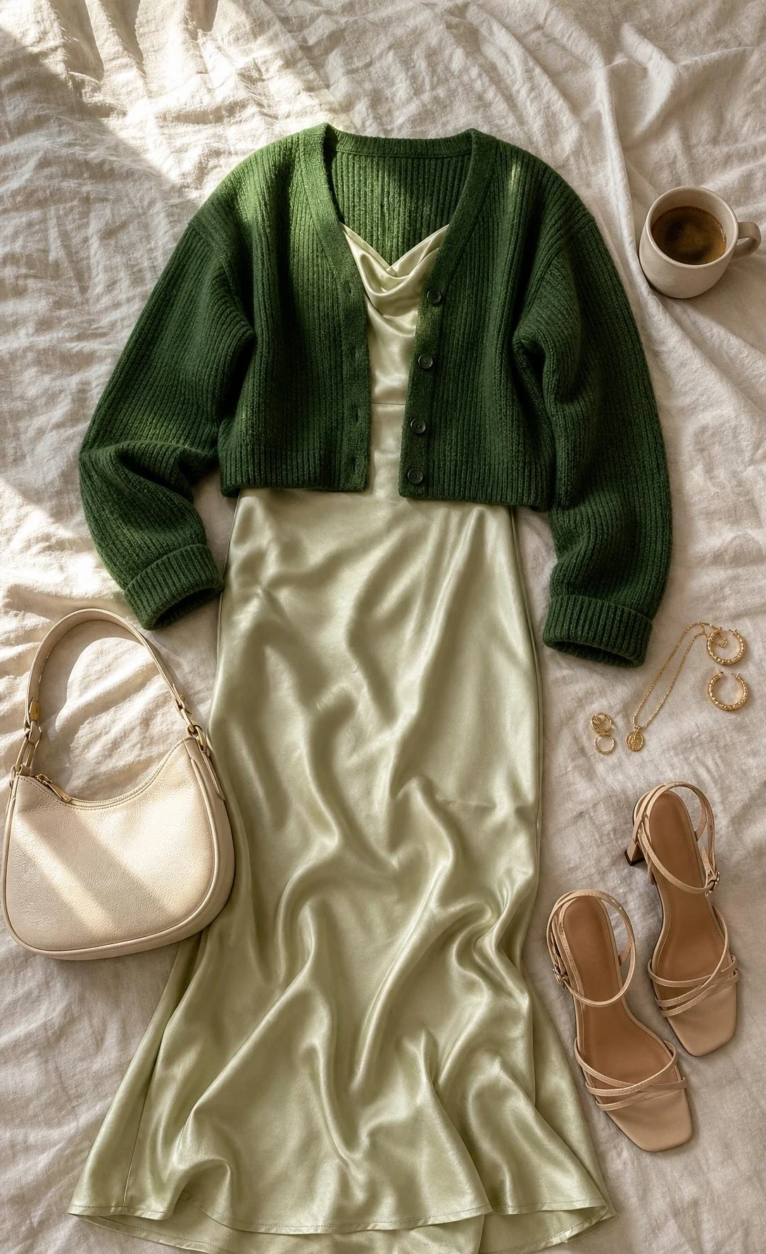 Cropped green cardigan layered over a champagne satin midi dress on an ivory linen duvet, showing a polished green cardigan outfit idea.