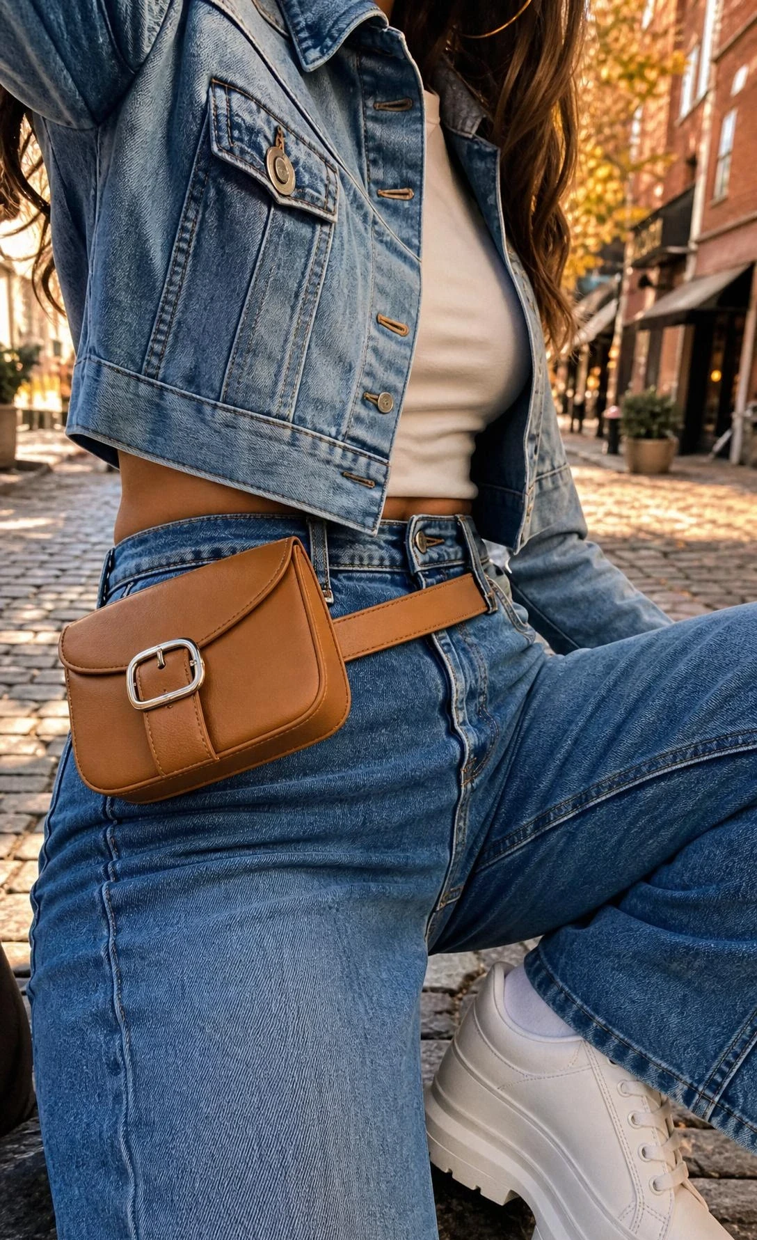 Y2K denim-on-denim outfit detail showing high-waist jeans and denim jacket with a belt bag on a cobblestone street in warm golden light
