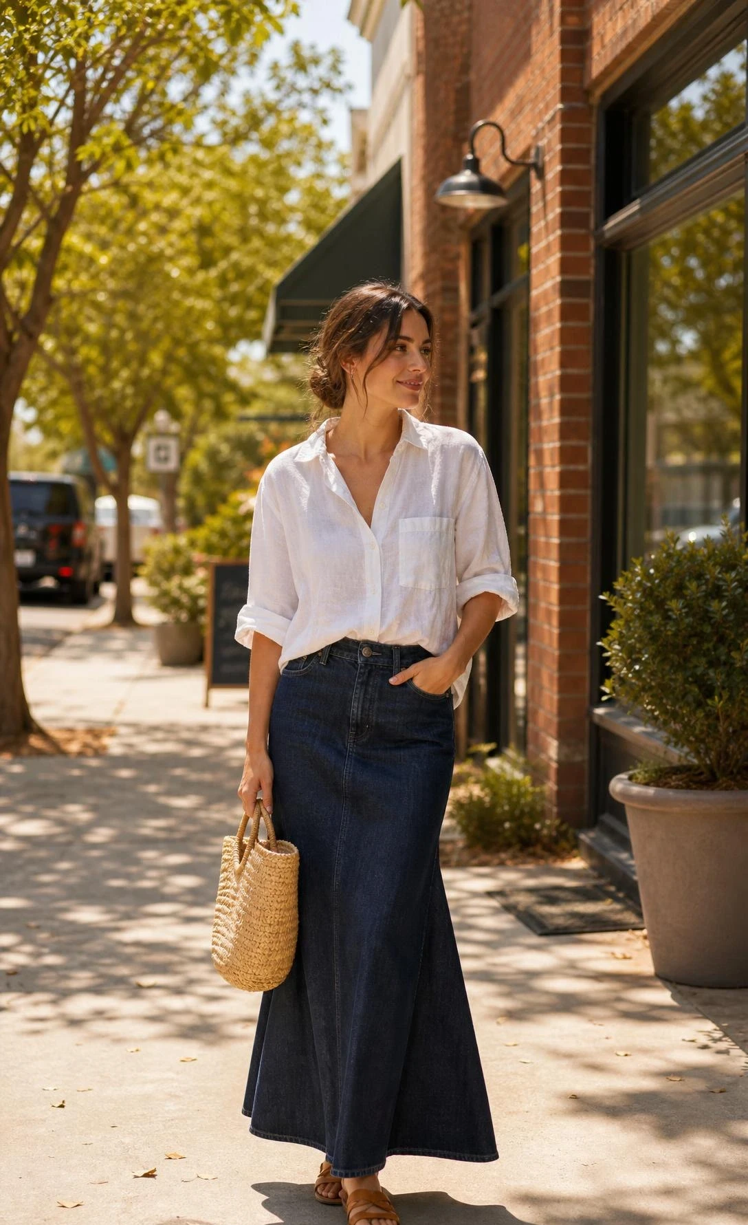 Woman in dark-wash denim maxi skirt and white linen button-up shirt, front-tucked with sleeves rolled, styled for a casual summer maxi skirt outfit