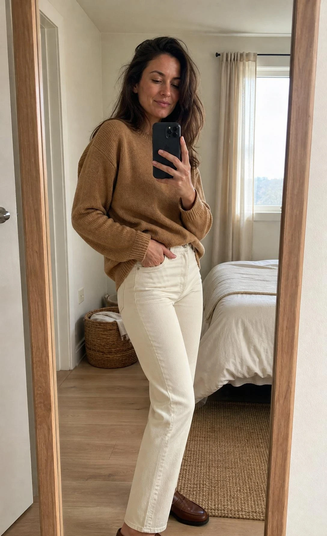 Mirror selfie of a woman styling ecru jeans with a camel sweater and loafers, a warm take on white jeans outfit ideas