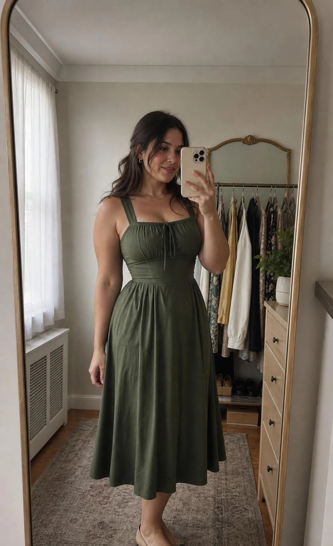 Pear shape outfit idea featuring a fit-and-flare midi dress with bodice detail, shown in a warm bedroom mirror selfie with full head-to-shoe view.
