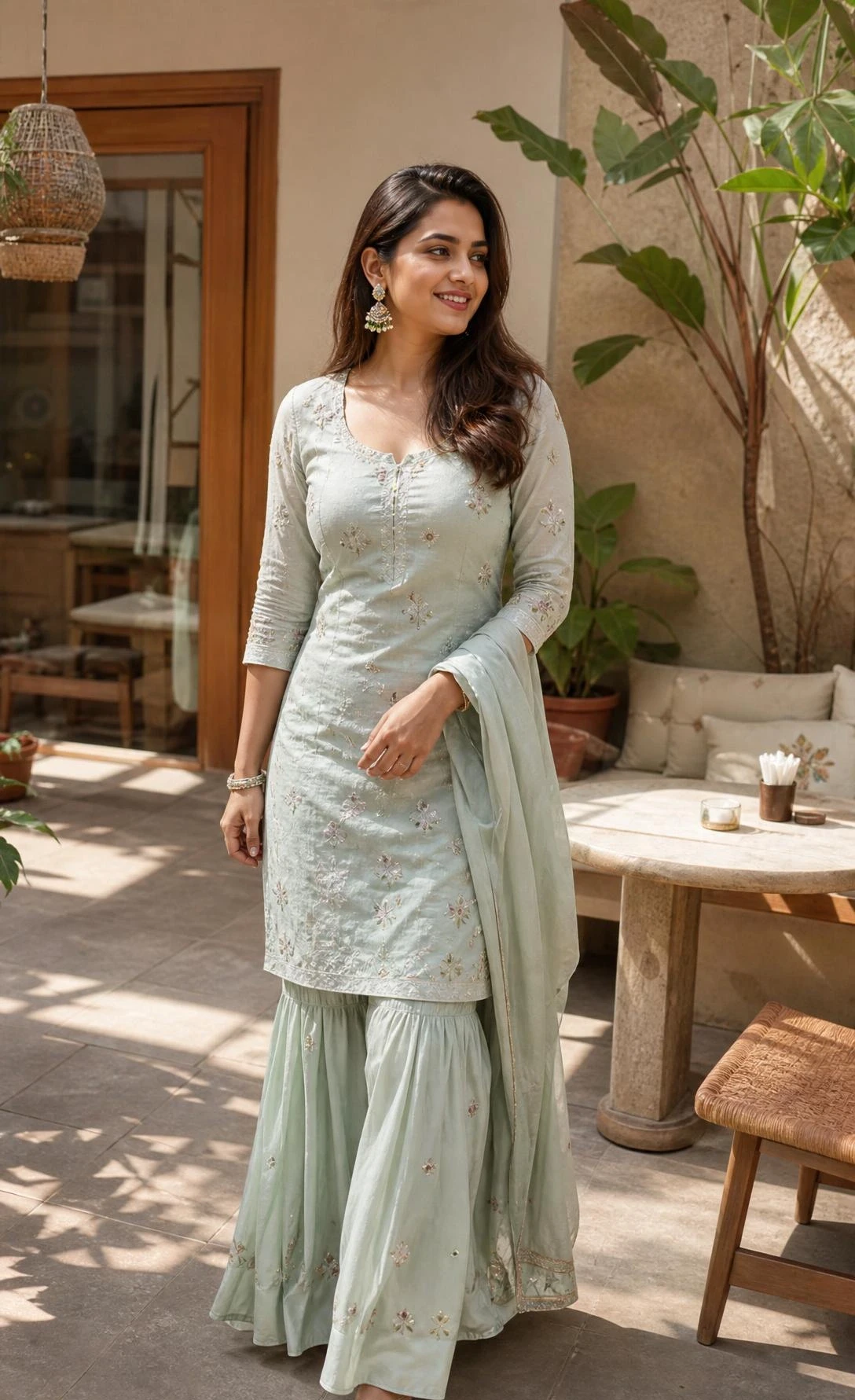 Woman in a warm courtyard wearing a fitted kurta with flared sharara pants, showing a waist-skimming silhouette for pear shape outfit ideas.