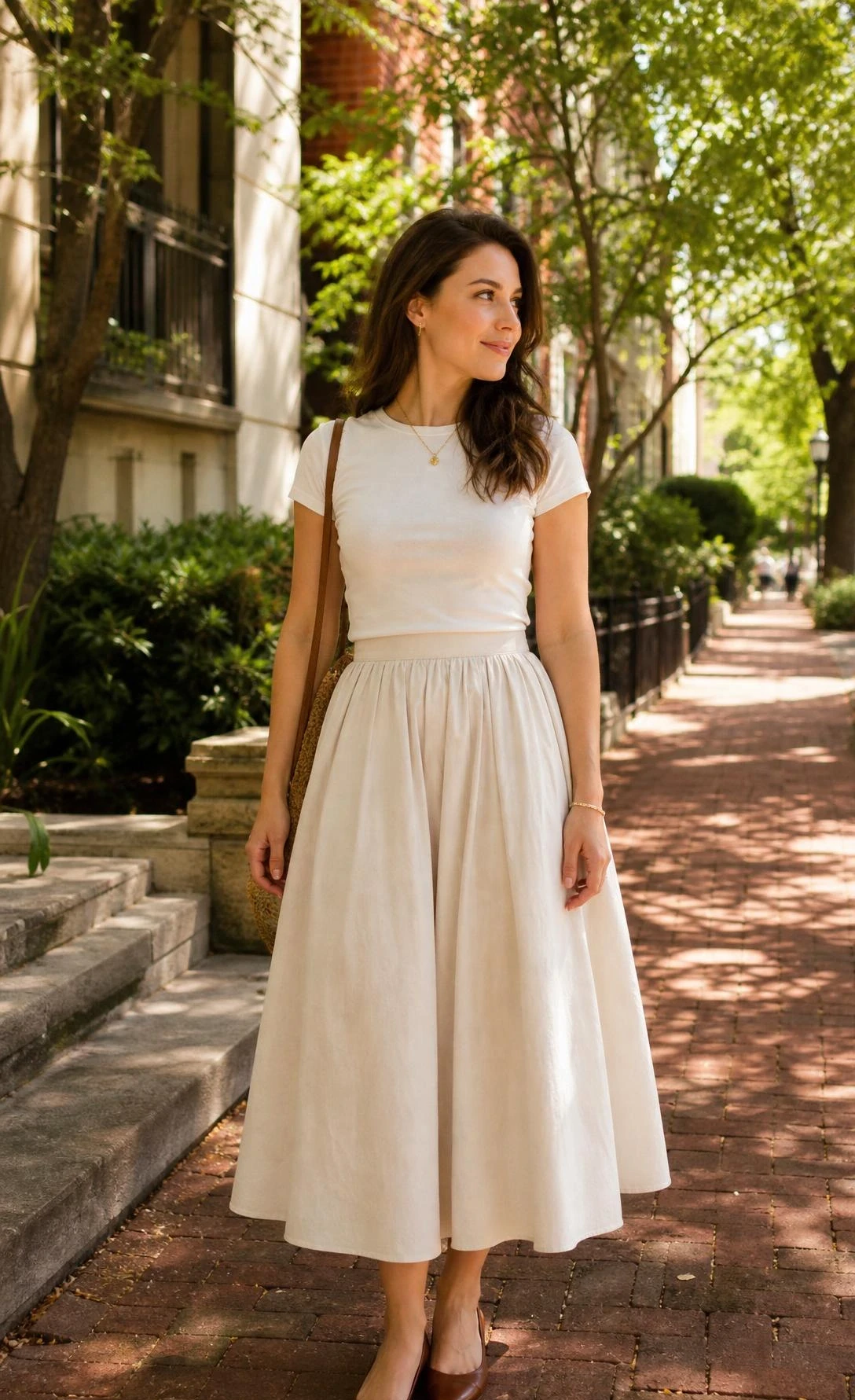 Pear shape outfit idea with a fitted tee tucked into a full midi skirt, styled on a sunlit street to balance proportions elegantly.