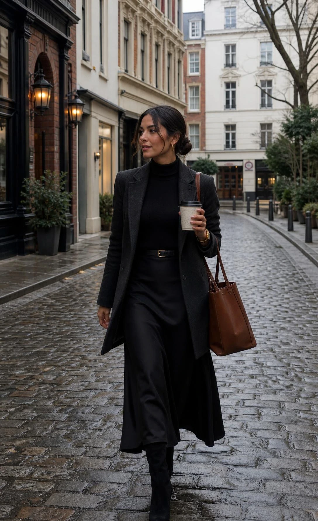 Woman in fitted black turtleneck and black maxi skirt with knee-high boots walking cobblestone street holding coffee and leather tote