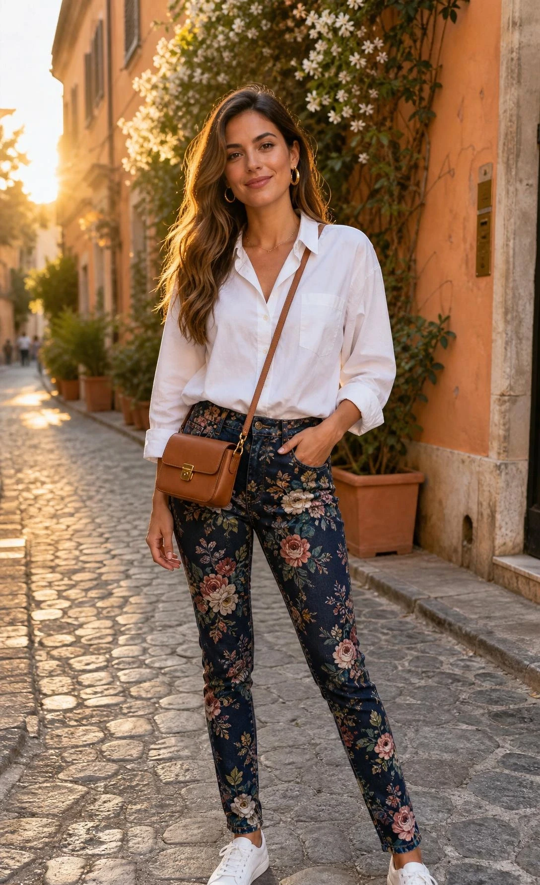 Woman wearing fitted navy floral jeans with botanical print paired with a crisp white button-down on a sunlit European cobblestone street