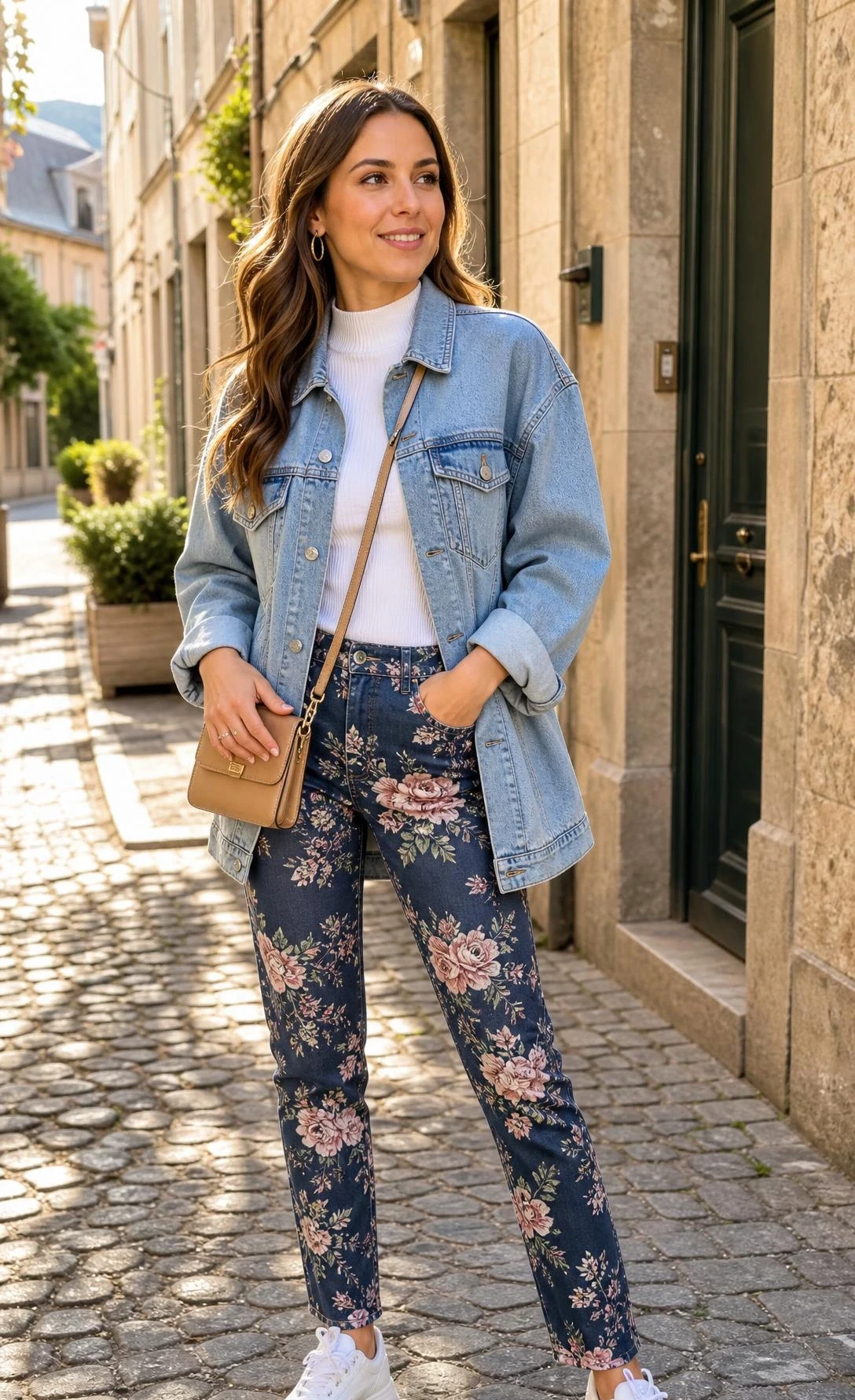 Floral jeans in deep navy with blush pink and sage botanical print styled with a light-wash oversized denim jacket for a double denim outfit idea