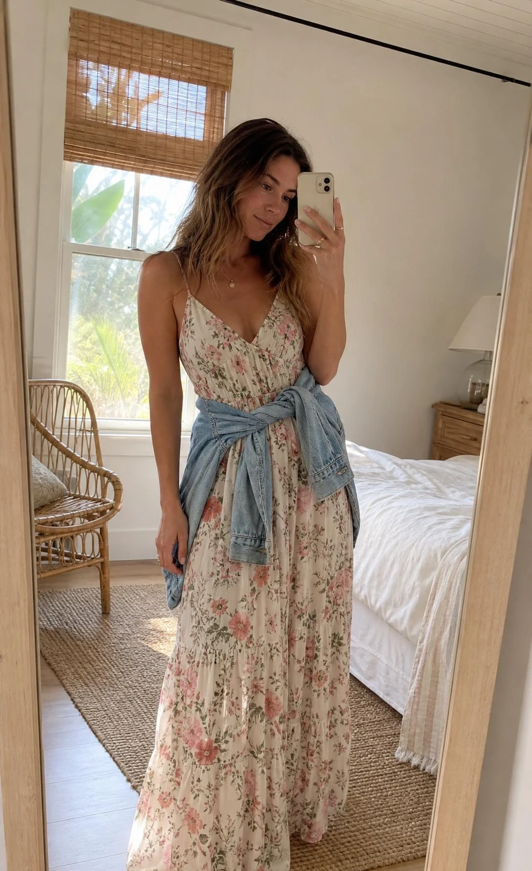 Woman in a pastel floral maxi dress with a light-wash denim jacket tied at the waist — a modest beach outfit that blends bohemian ease with coverage
