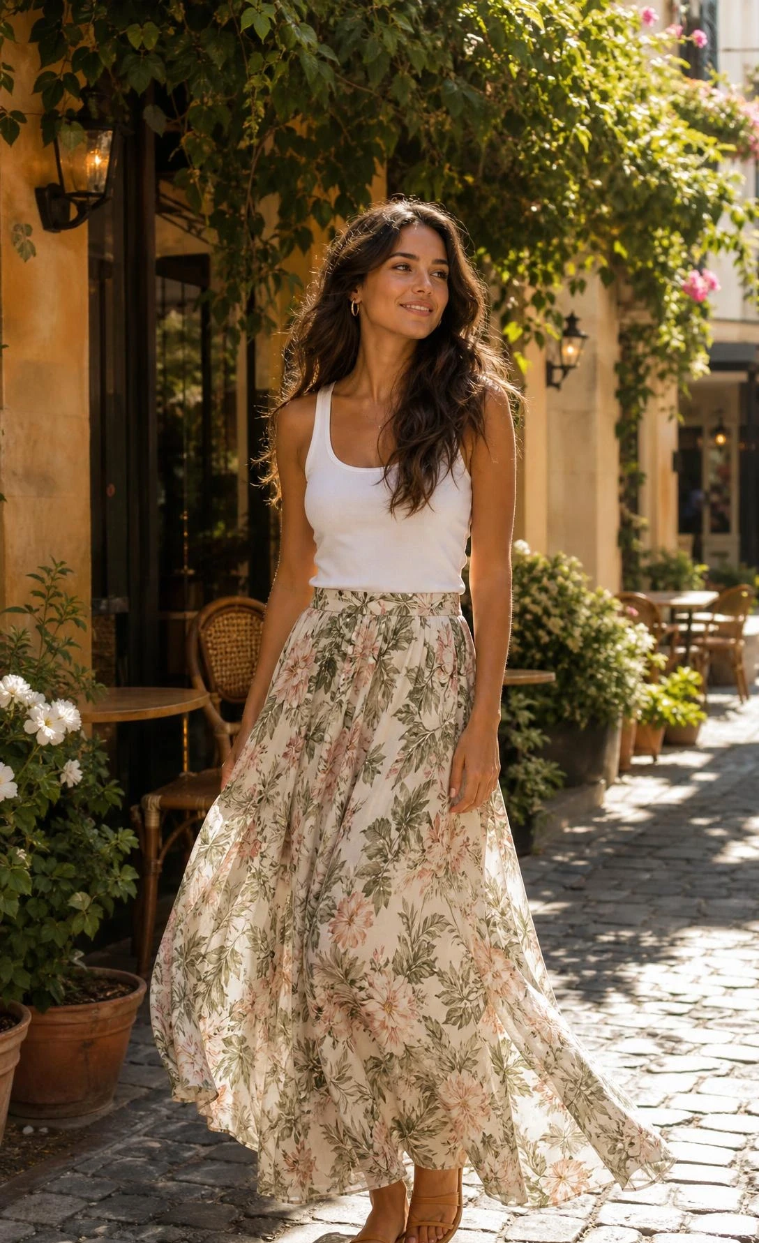 Young woman wearing a floral maxi skirt in blush, sage, and ivory paired with a white fitted tank top tucked in, standing on a sun-lit cobblestone street outside a café