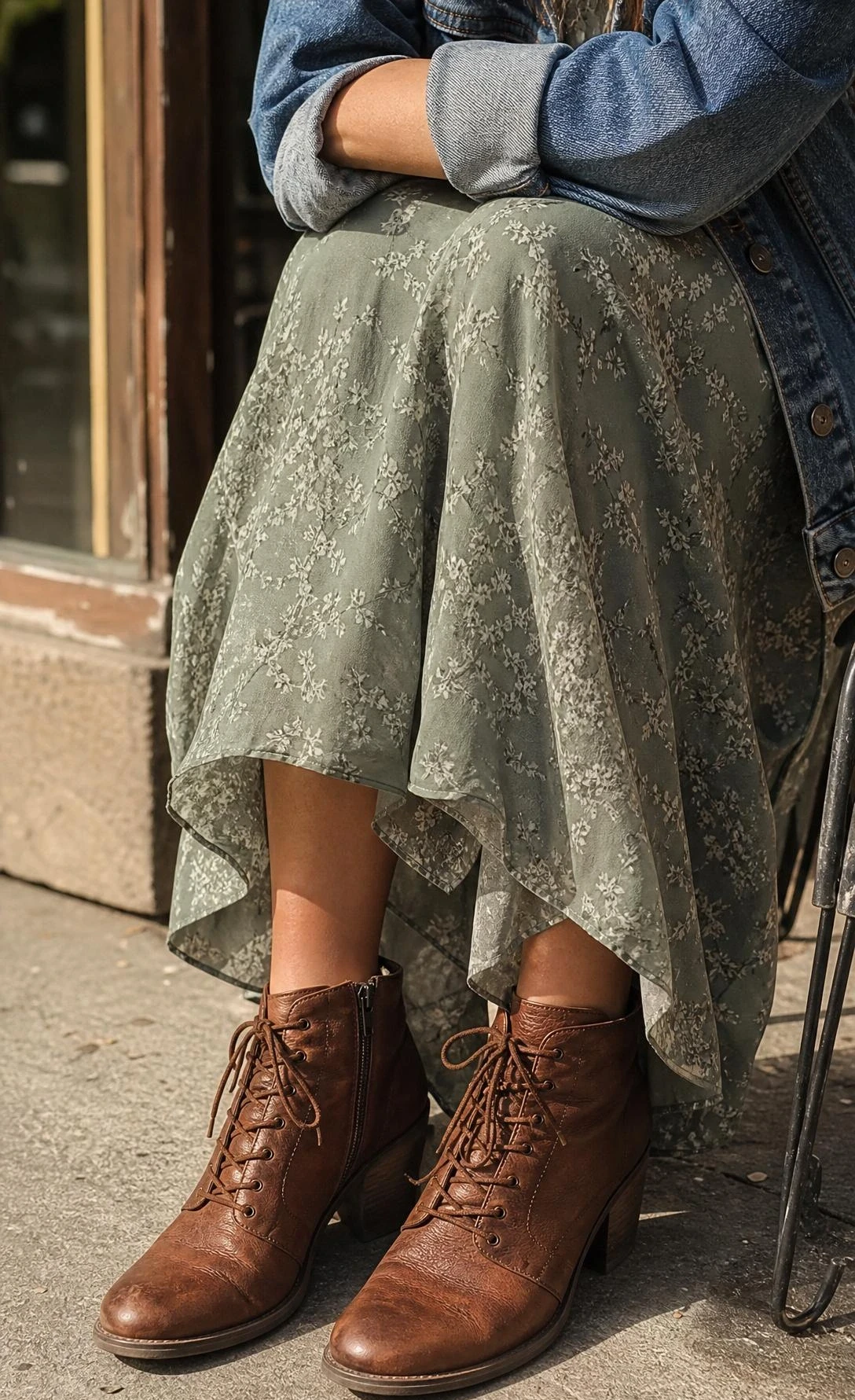 Worn-in brown leather ankle boots with natural grain and creasing beneath a flowy sage green midi dress hem — a grounded casual dinner outfit detail