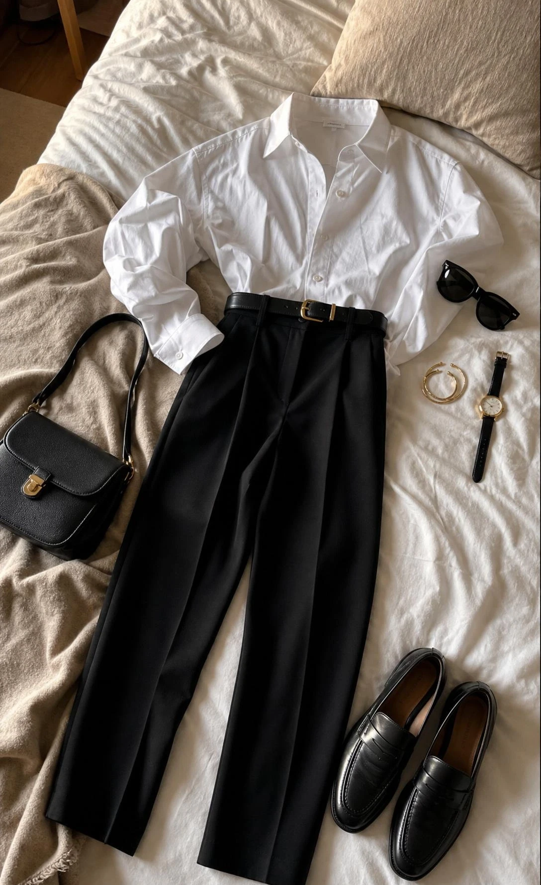 Flat lay of full-length trousers with a crisp white shirt, styled neatly on a bed with simple classic accessories.