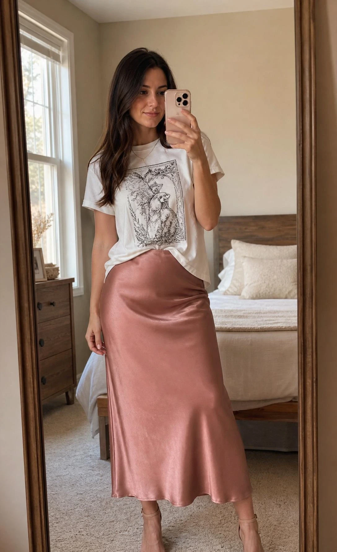 Woman in her late twenties taking a mirror selfie wearing a graphic tee tucked into a flowy satin skirt, styled as a chic brunch outfit in a warmly lit bedroom