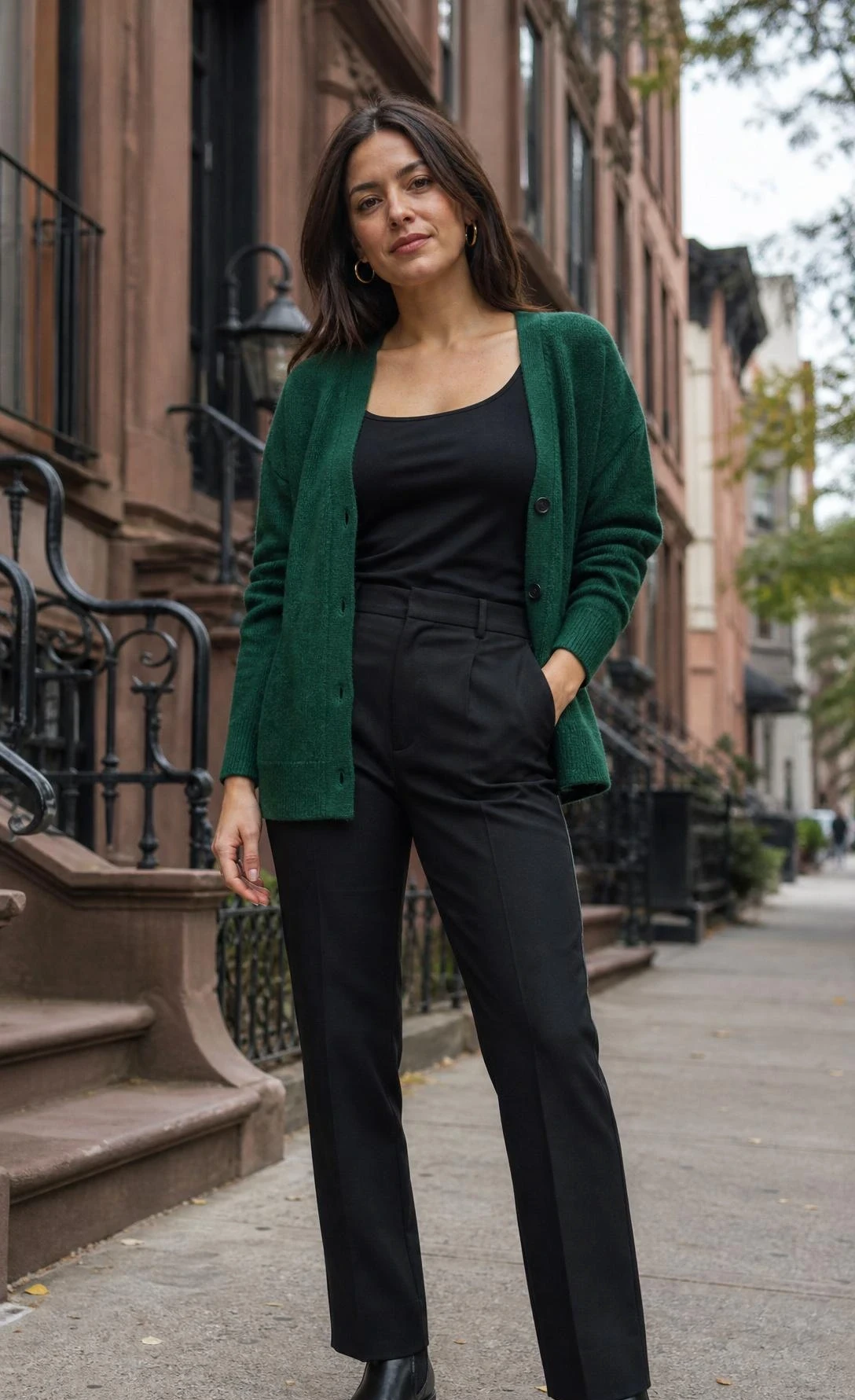 Street-style green cardigan outfit with black tailored trousers and a fitted tank, shown head to toe on a quiet city sidewalk.