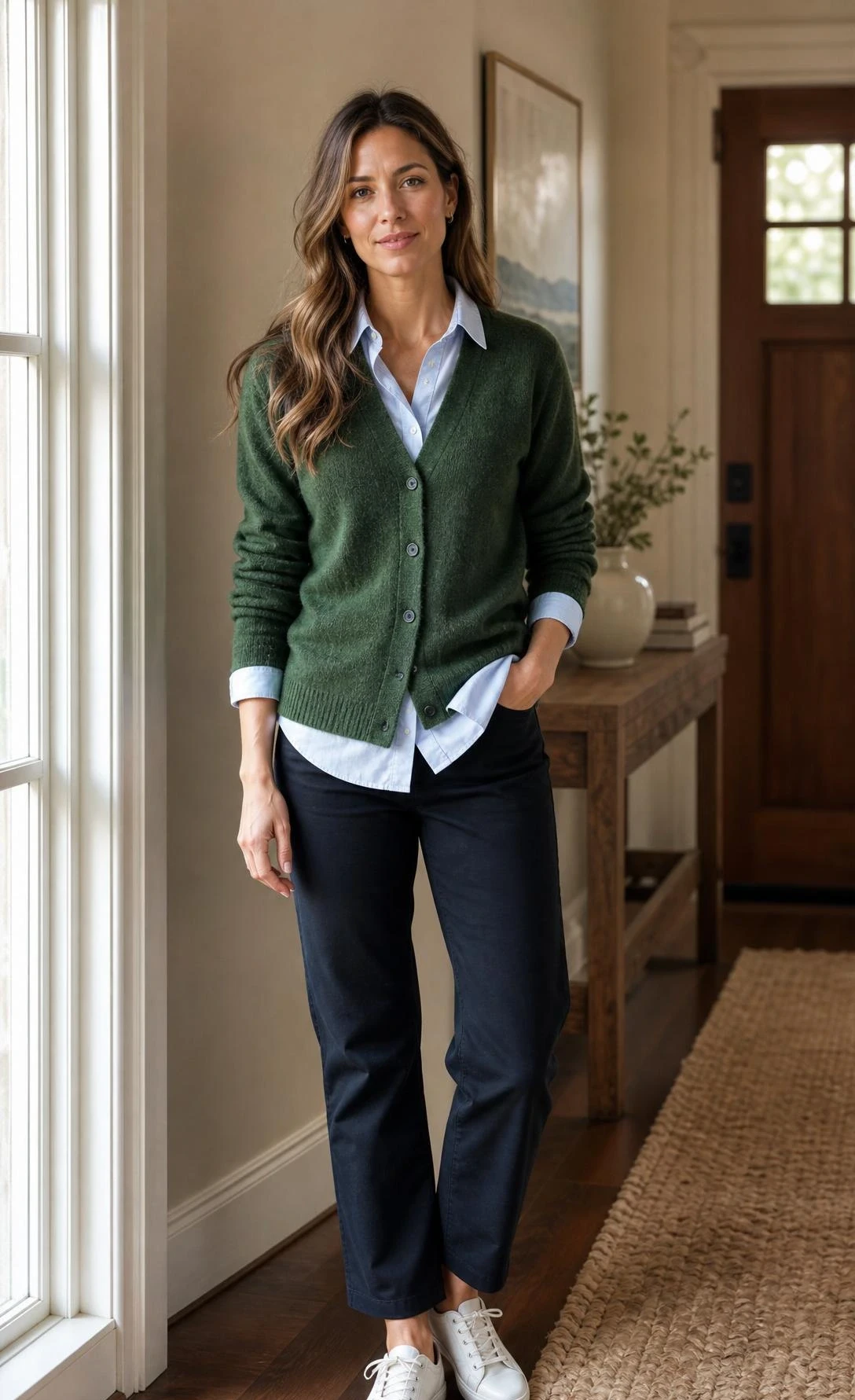 Green cardigan outfit layered over a crisp button-down shirt in a softly lit home entryway, showing an easy polished styling idea.