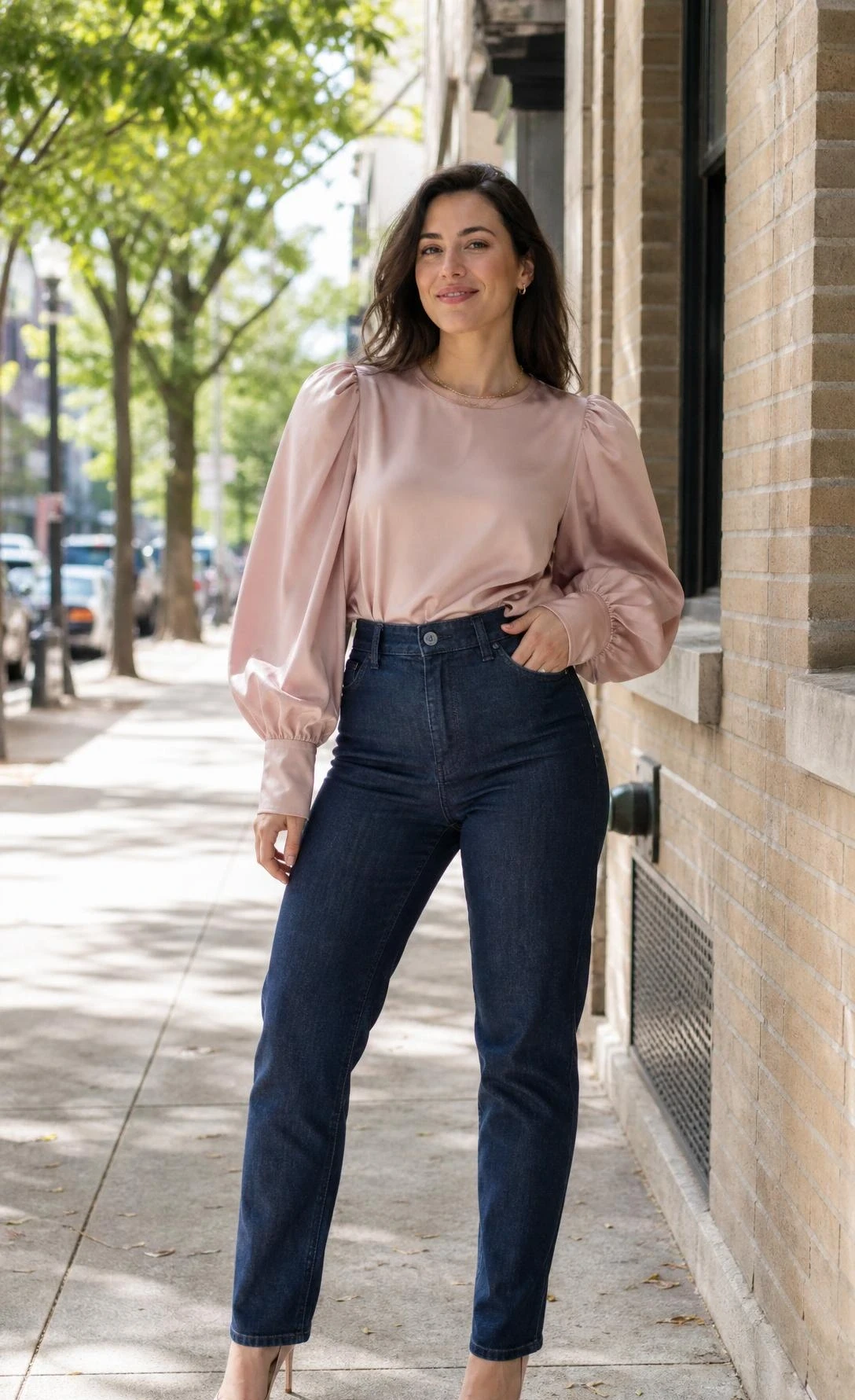 Woman wearing high-waisted dark indigo jeans and a puff-sleeve blouse on a sunlit city sidewalk, a polished brunch outfit that balances casual and feminine effortlessly