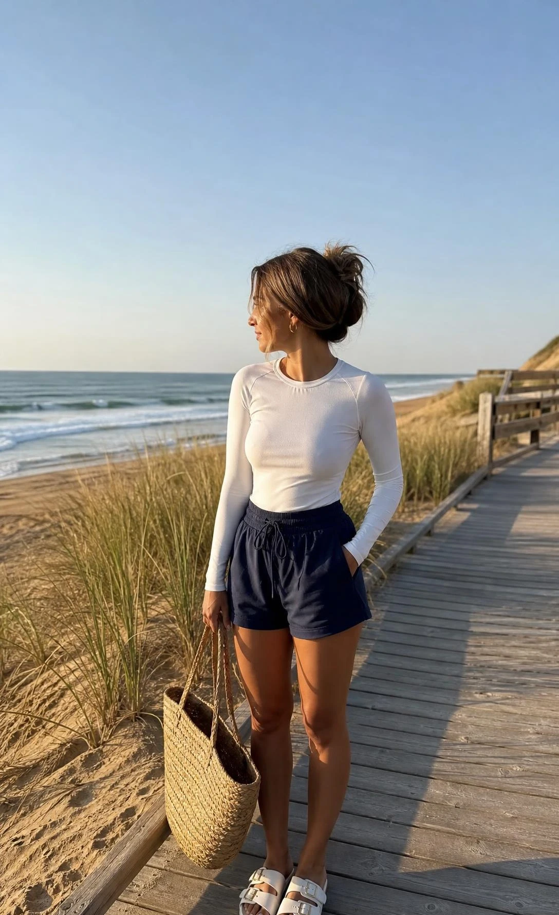 Woman in high-waisted navy swim shorts and fitted white long-sleeve rash guard top standing on a sunny beach boardwalk, styled with a woven straw tote and white sandals for a polished modest beach outfit