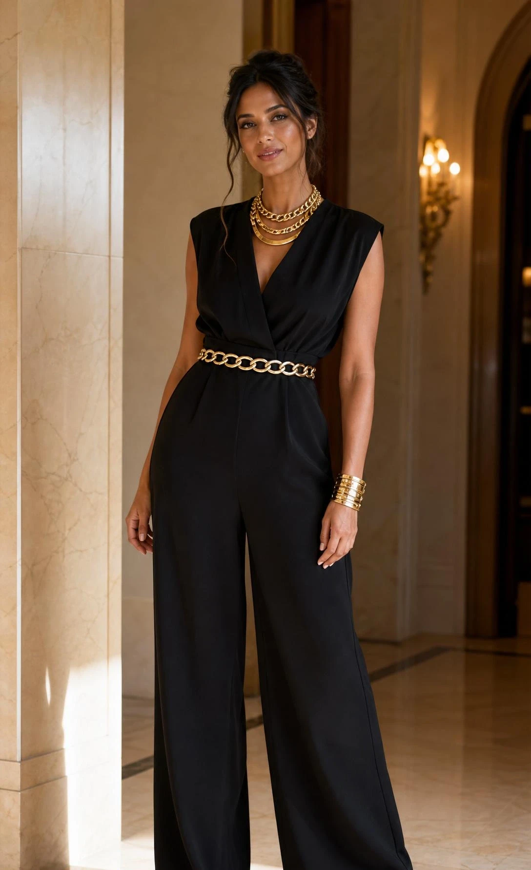 Woman wearing a sleek black wide-leg jumpsuit with cinched waist styled with bold chunky gold chain-link accessories for a polished cocktail outfit