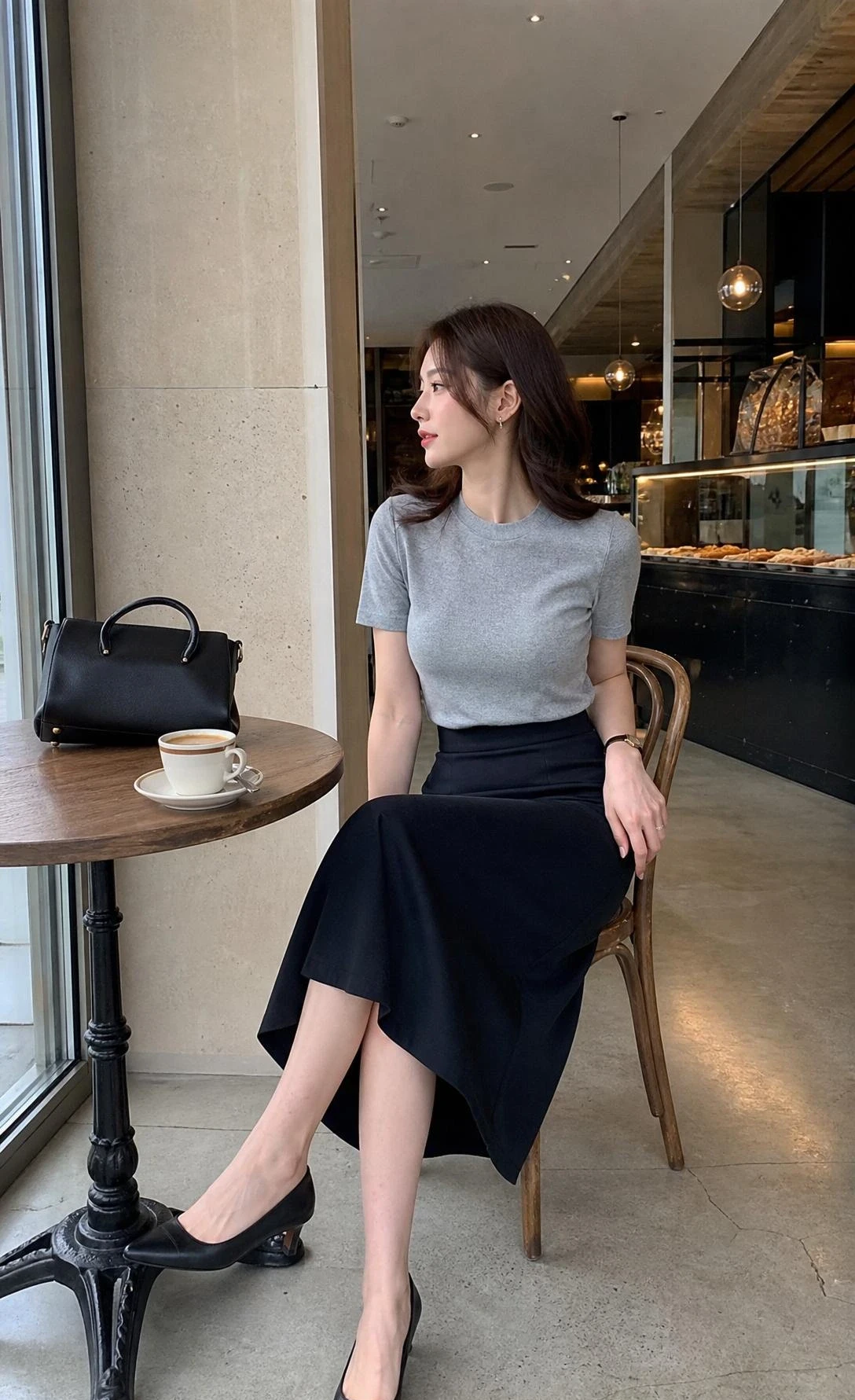 Woman in a fitted knit top and structured midi skirt at a café table, wearing a polished parisian office outfit.