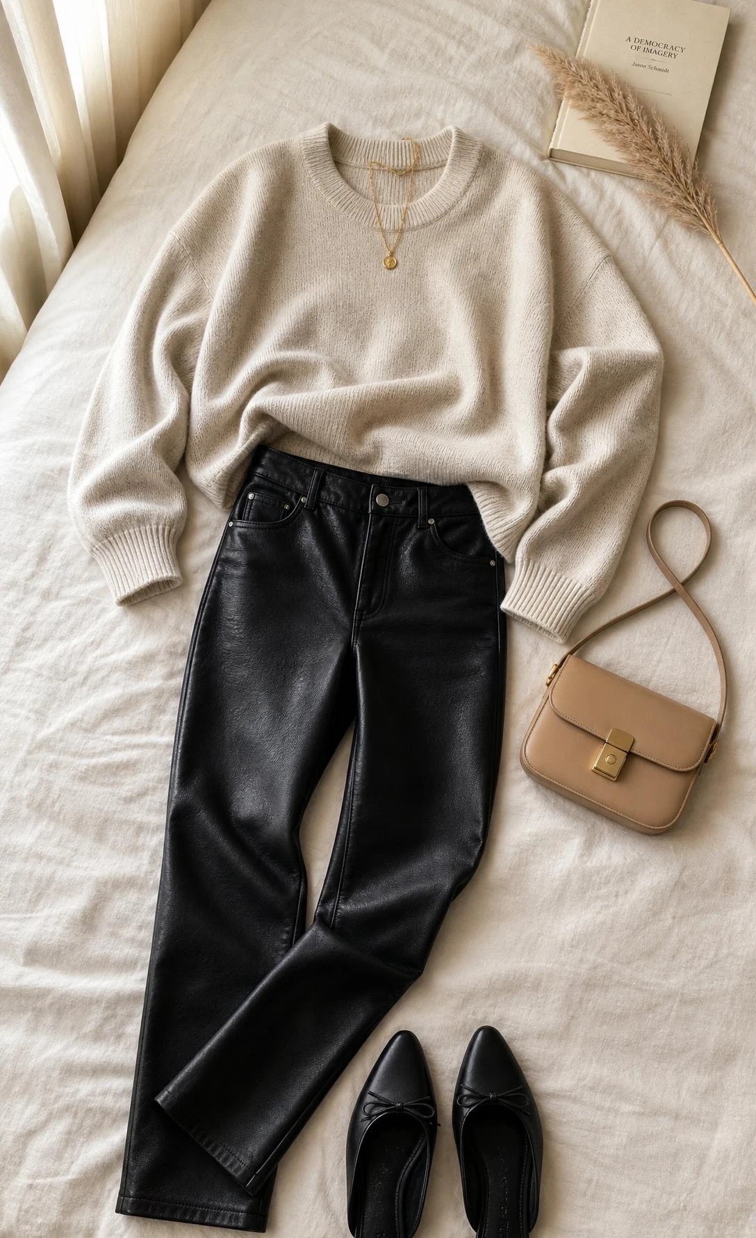 Black leather pants and soft knit top flat lay on ivory linen bedding, a casual dinner outfit that balances edge with effortless comfort