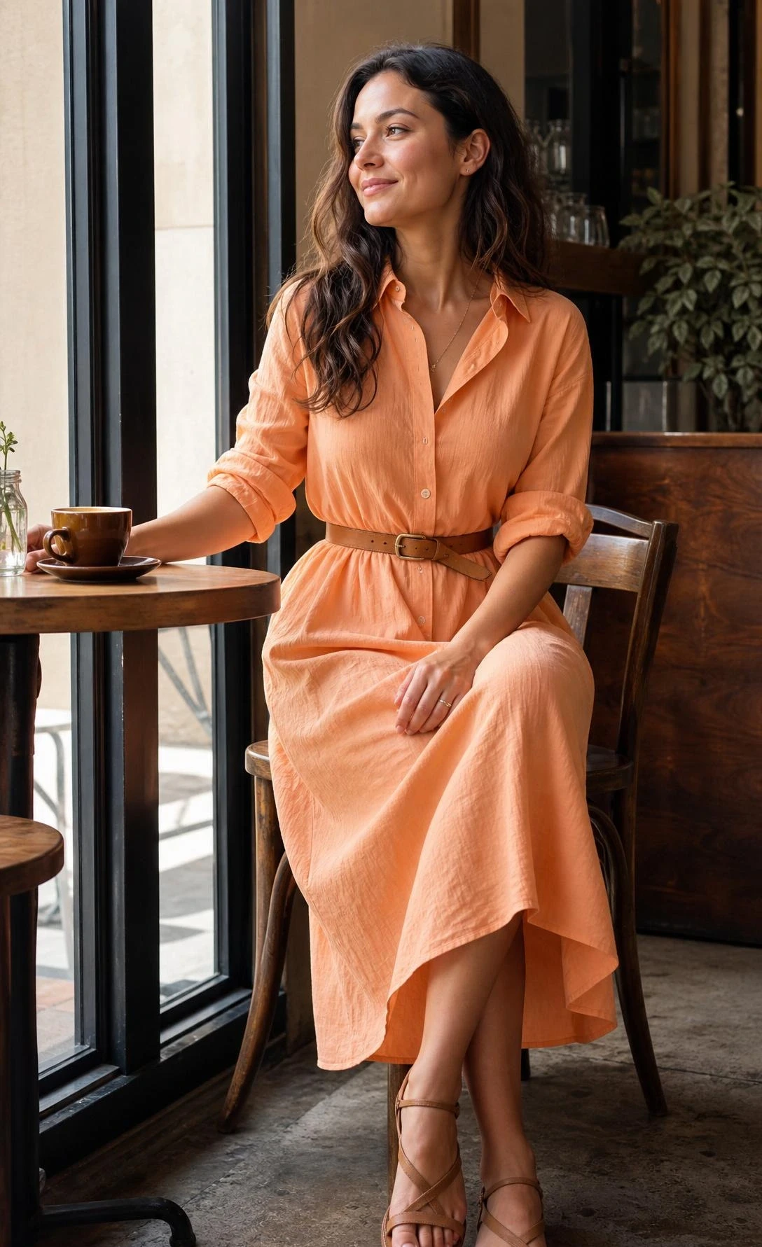 Woman in her late twenties wearing a light orange shirt dress belted at the waist with a tan leather belt, standing by a sunlit cafe window in a midi-length cotton style