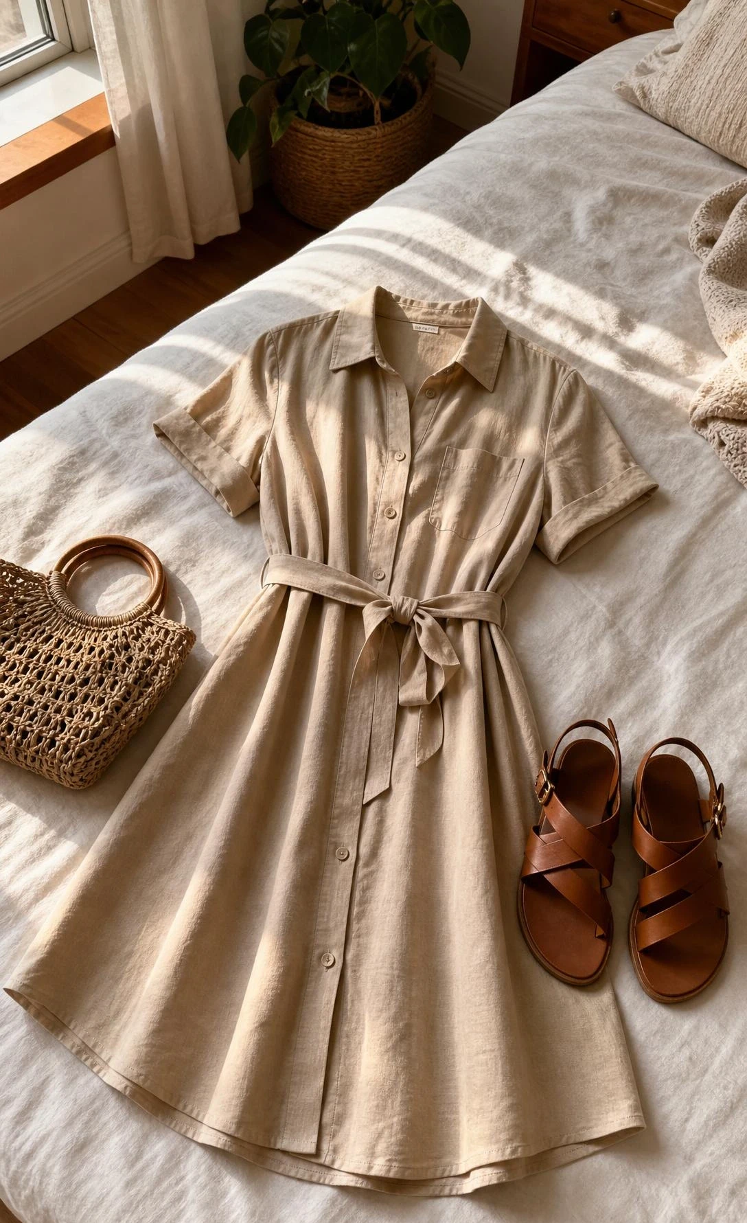 A-line shirt dress with leather sandals styled on a sunlit linen bed, highlighting balanced pear shape outfit ideas with easy accessories.