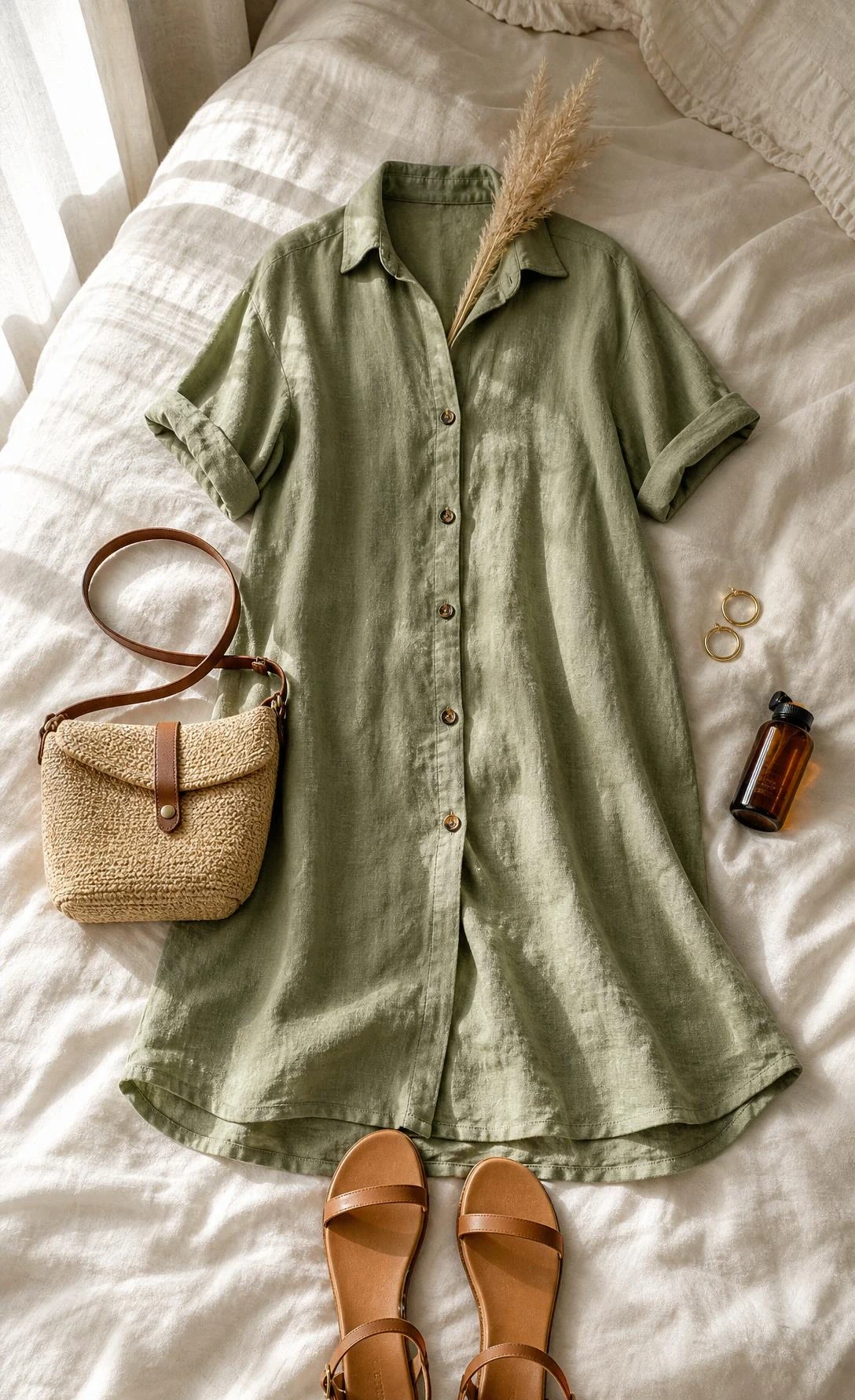 Sage green linen shirt dress laid flat on ivory bedding in warm morning light, showcasing the relaxed brunch outfit from above