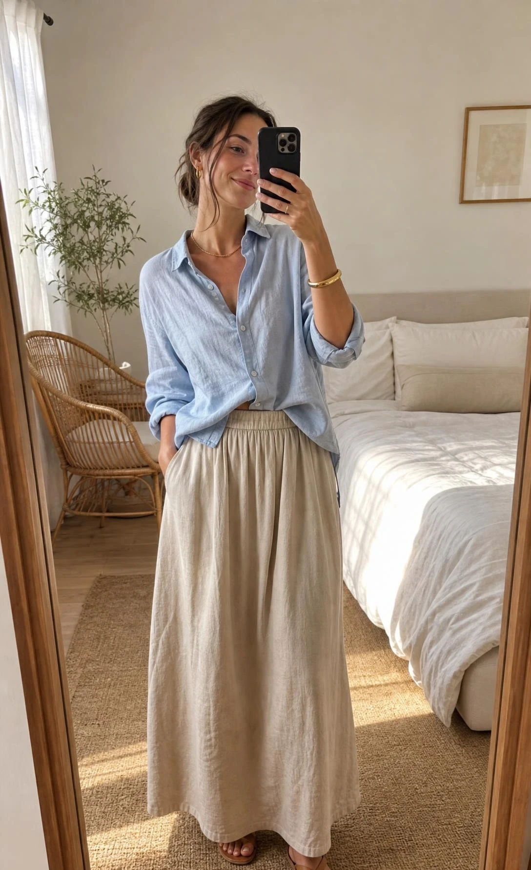 Woman in a warm-toned linen maxi skirt and loosely tucked light blue button-down shirt, shot in a sunlit bedroom for an effortless summer outfit look