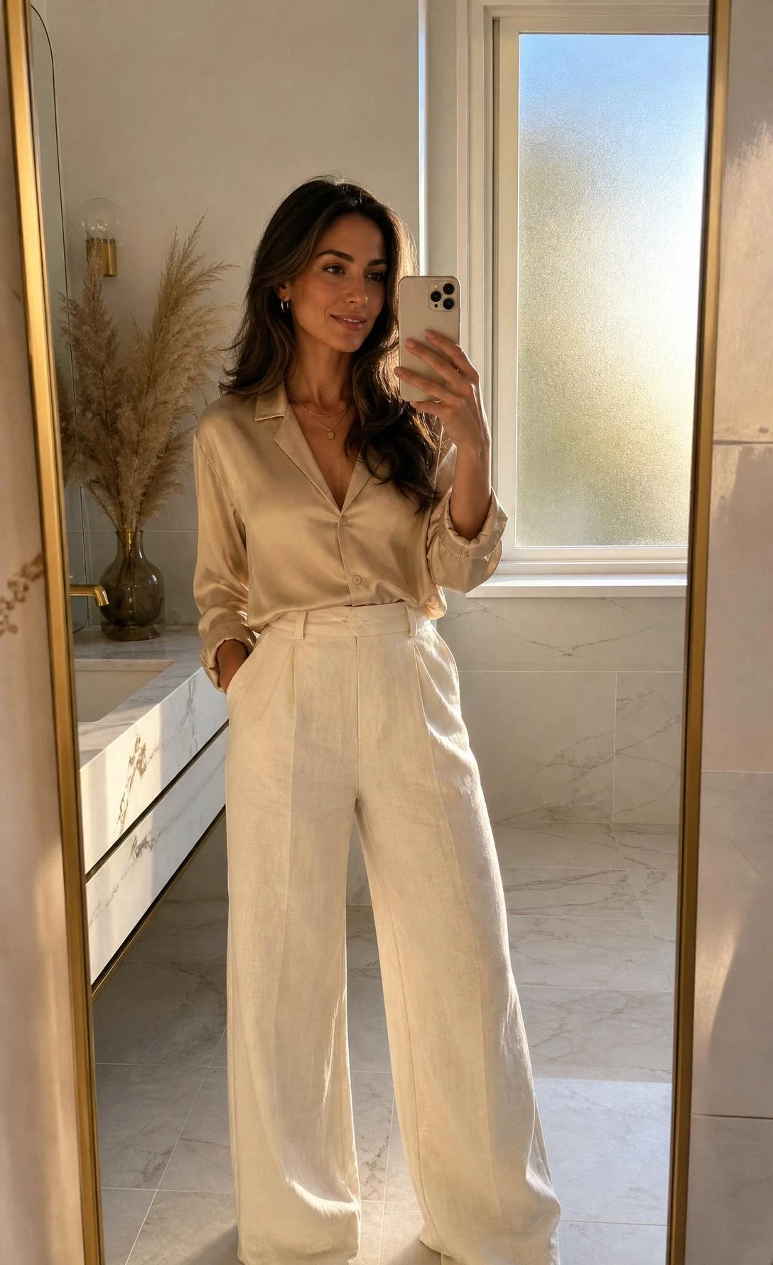 Woman wearing ivory linen wide-leg trousers and tucked champagne silk blouse, a polished summer graduation guest outfit with effortless elegance