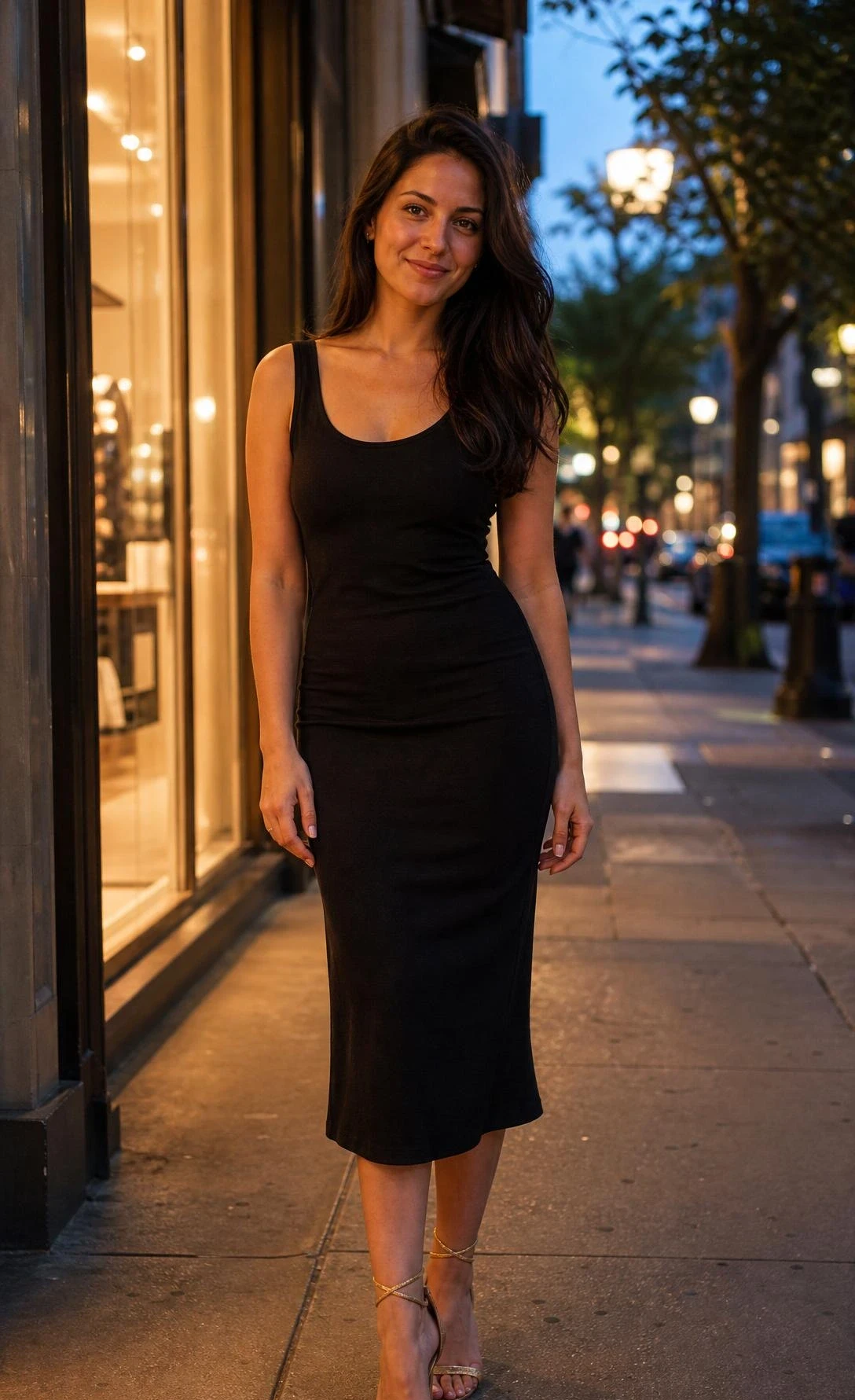 Woman in fitted little black dress with strappy heeled sandals standing on a city sidewalk at dusk beside a glowing storefront window