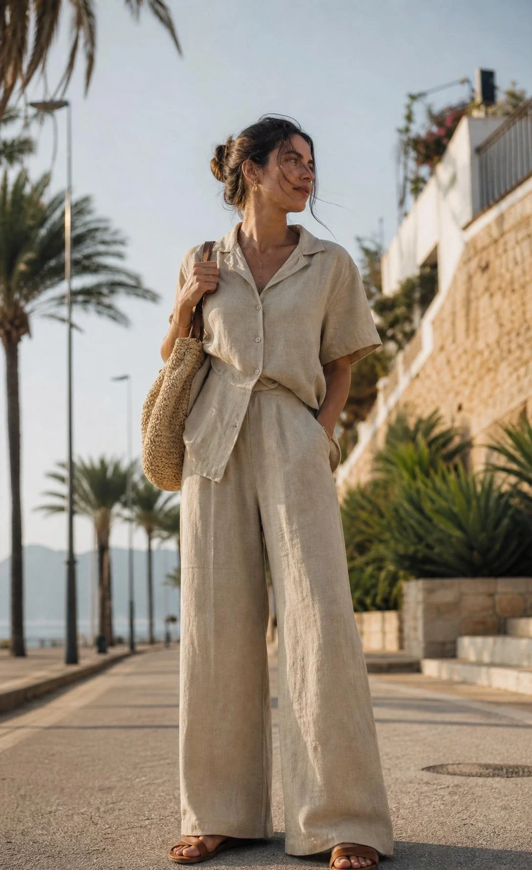 Woman in matching sand-toned linen co-ord set with wide-leg trousers and button top on a sunny coastal boardwalk — a modest beach outfit that feels effortlessly polished