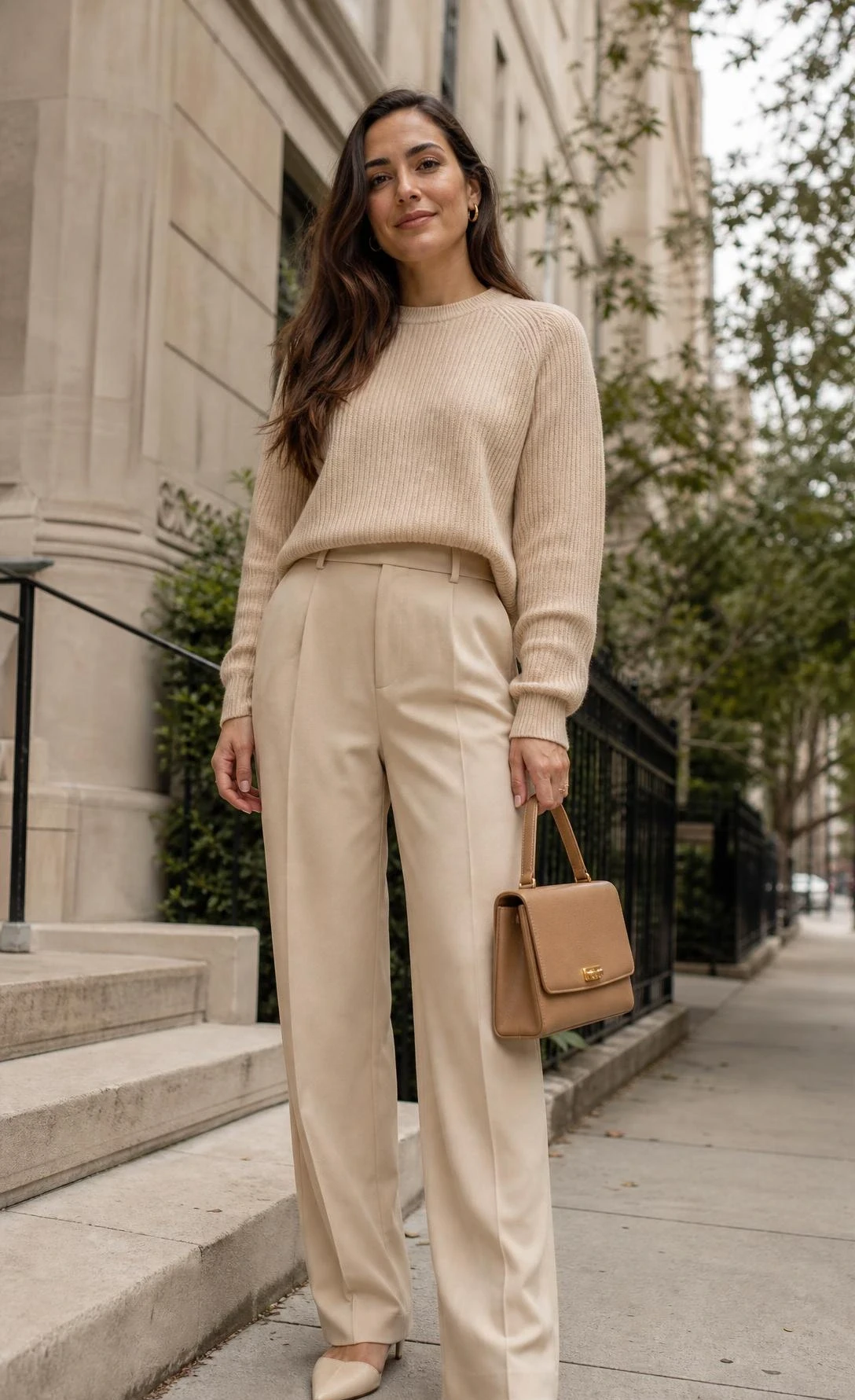 Woman in monochromatic beige brunch outfit wearing a cropped sweater and tailored trousers, shot from a low street-style angle on a concrete sidewalk